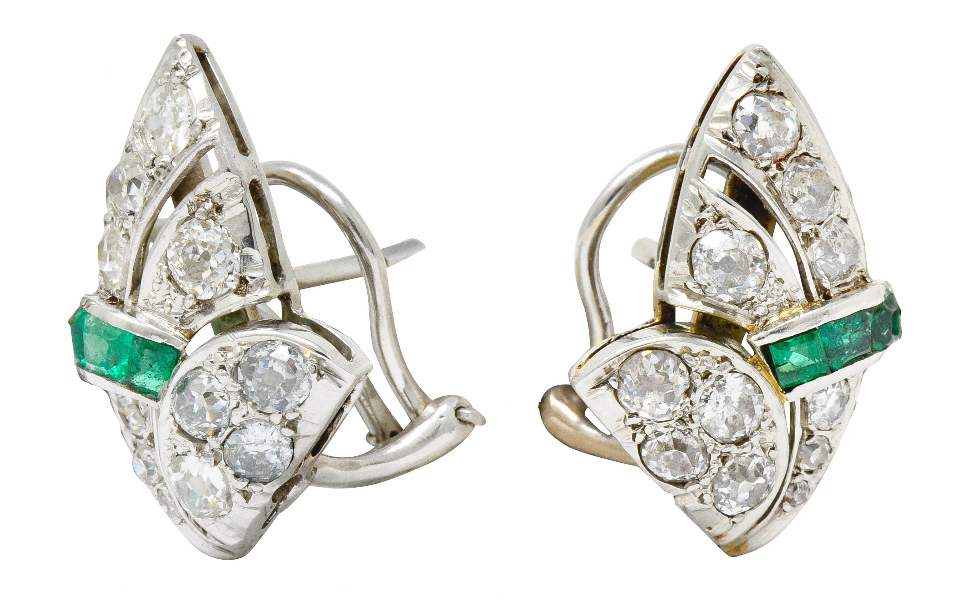 Art Deco 3.50 CTW Diamond Emerald Platinum Fanned Earrings - Wilson's Estate Jewelry