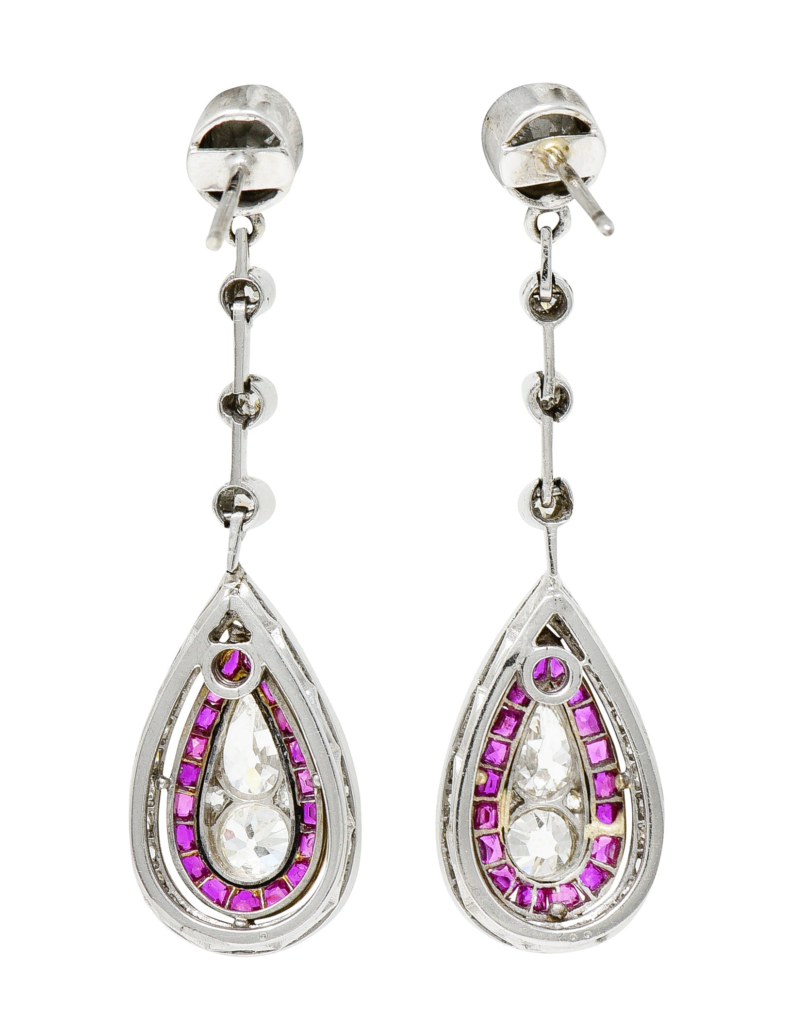 Art Deco 5.50 CTW Diamond Ruby Platinum Yellow Gold Pear Drop Earrings Wilson's Estate Jewelry