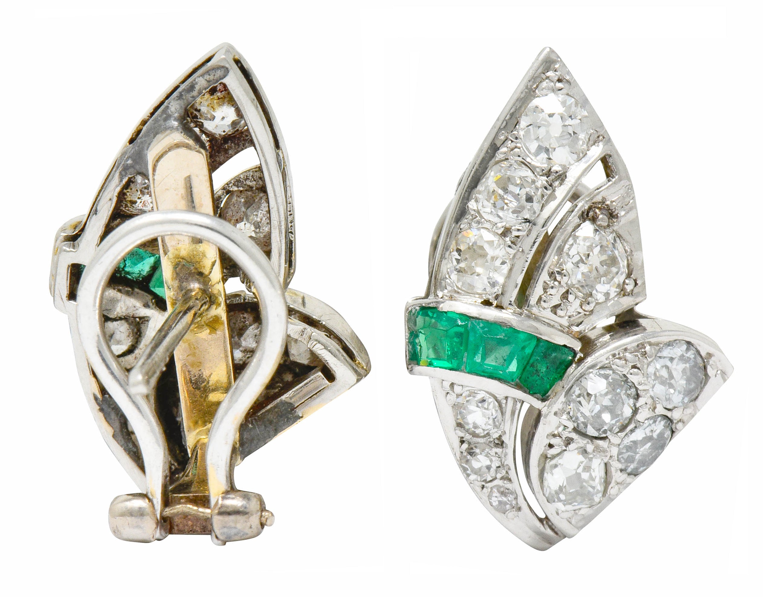 Art Deco 3.50 CTW Diamond Emerald Platinum Fanned Earrings - Wilson's Estate Jewelry