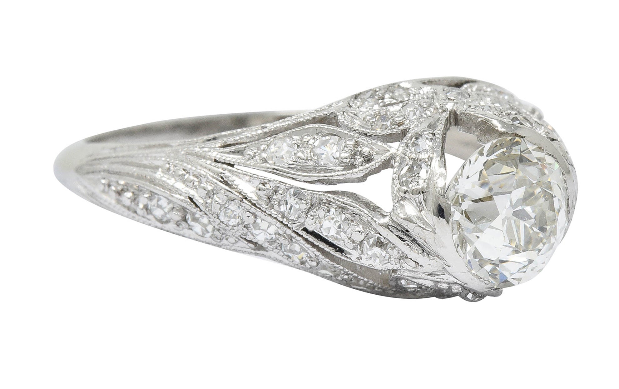 Edwardian 1.55 CTW Diamond Platinum Bow Engagement Ring GIARing - Wilson's Estate Jewelry