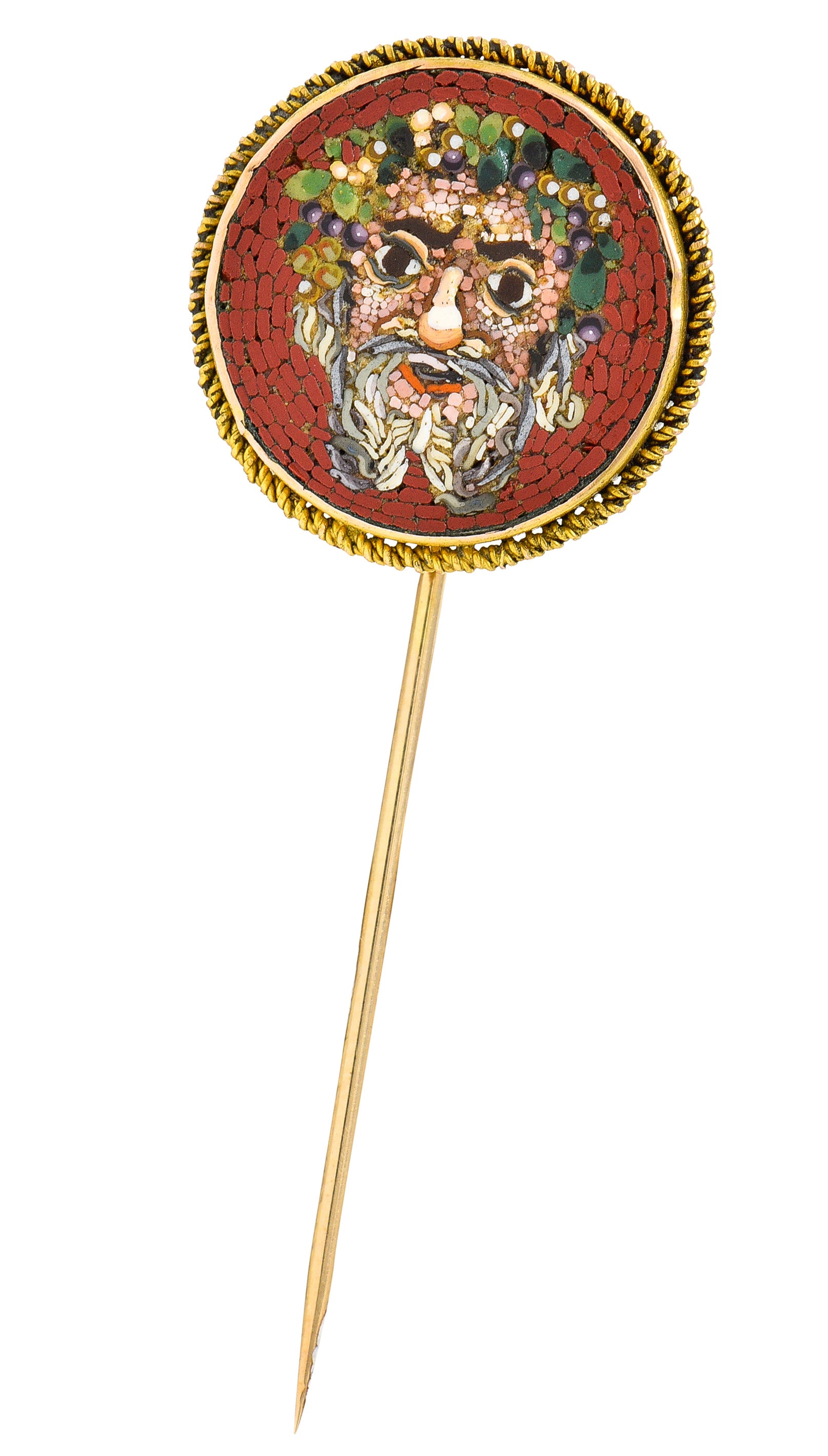 1860's Victorian Hardstone 14 Karat Gold Micro-Mosaic Greek Mythological Dionysus Stickpin Wilson's Estate Jewelry