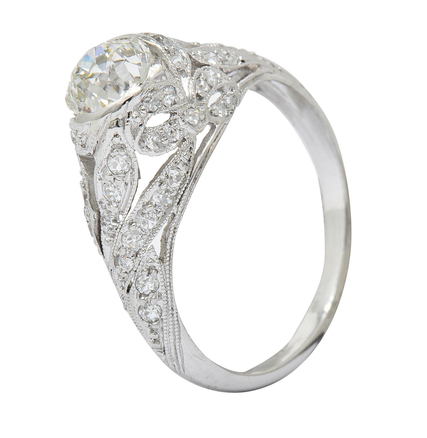 Edwardian 1.55 CTW Diamond Platinum Bow Engagement Ring GIARing - Wilson's Estate Jewelry