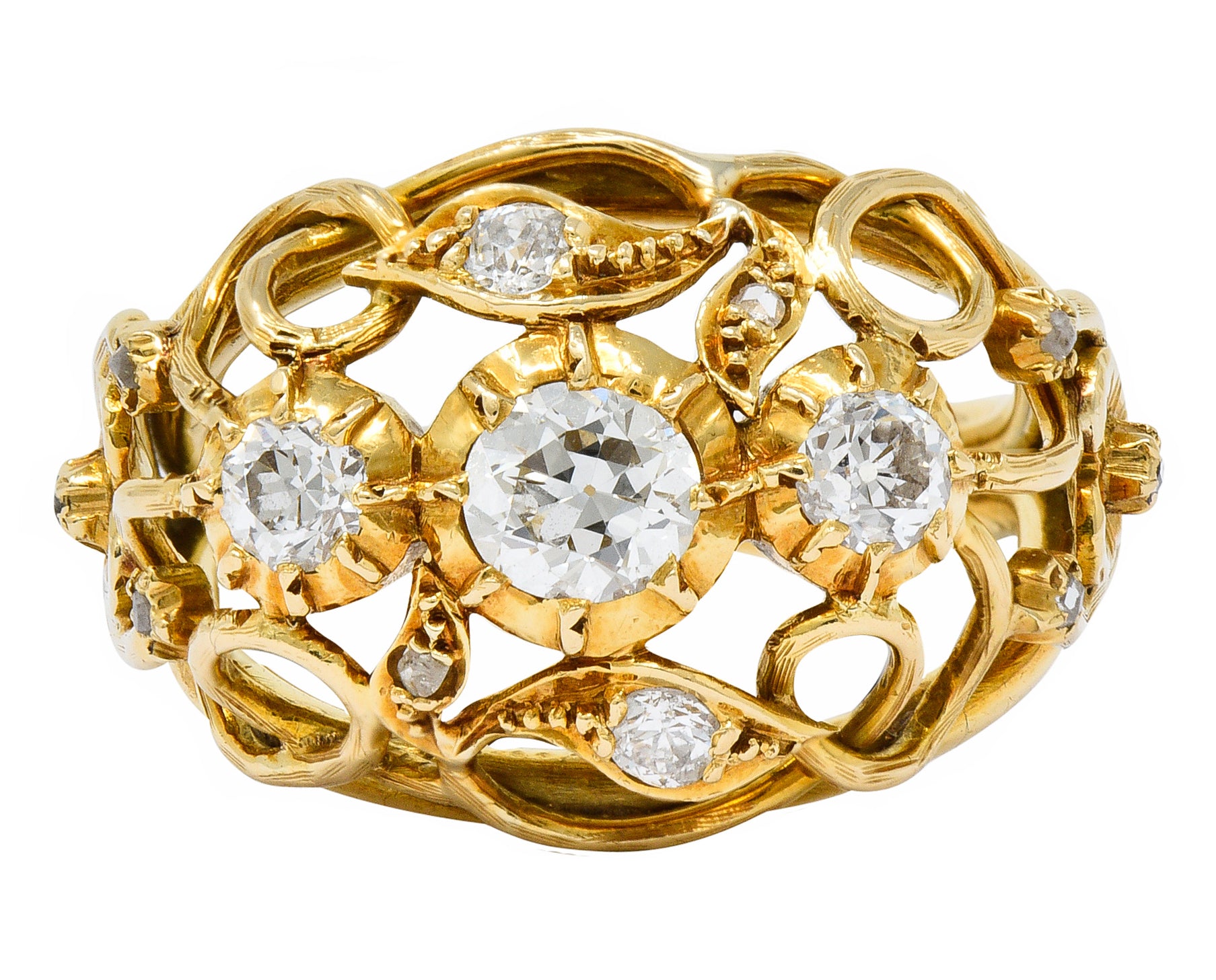 Arts and Crafts Diamond 18 Karat Gold Foliate Filigree Band RingRing - Wilson's Estate Jewelry