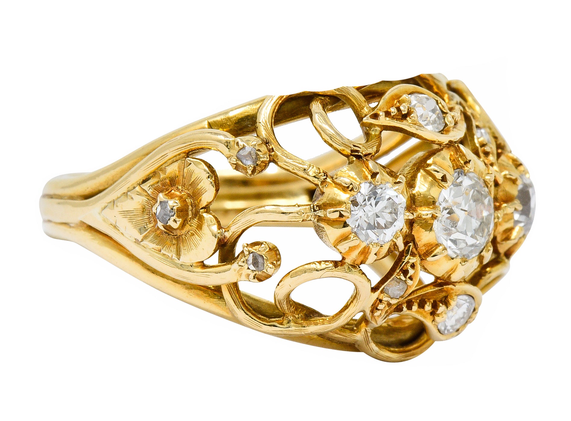 Arts and Crafts Diamond 18 Karat Gold Foliate Filigree Band RingRing - Wilson's Estate Jewelry