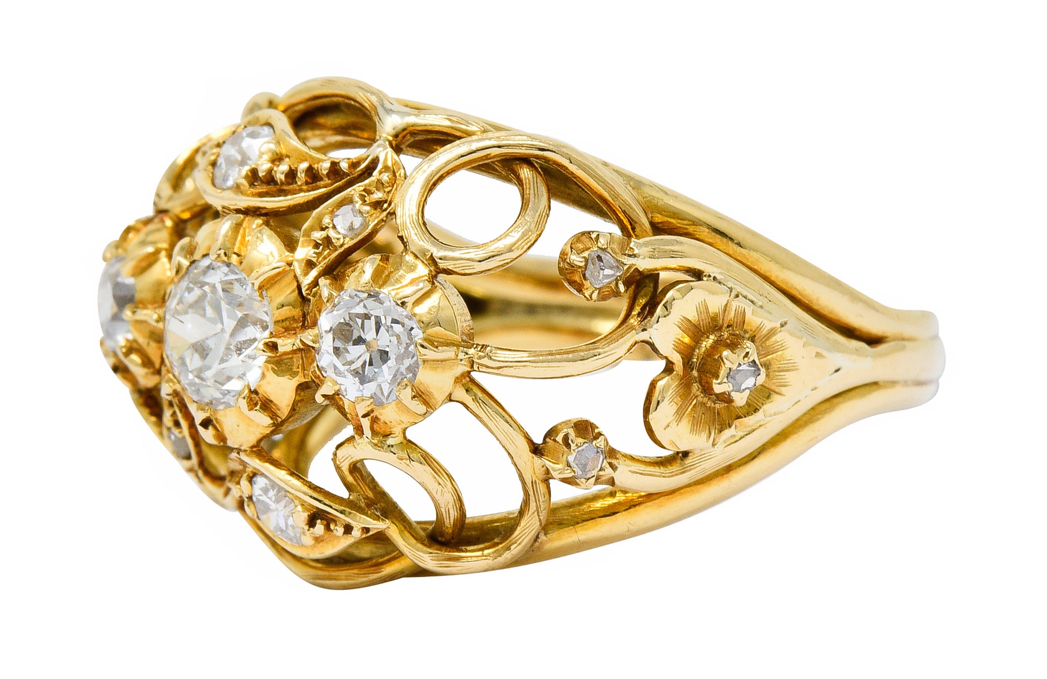 Arts and Crafts Diamond 18 Karat Gold Foliate Filigree Band RingRing - Wilson's Estate Jewelry