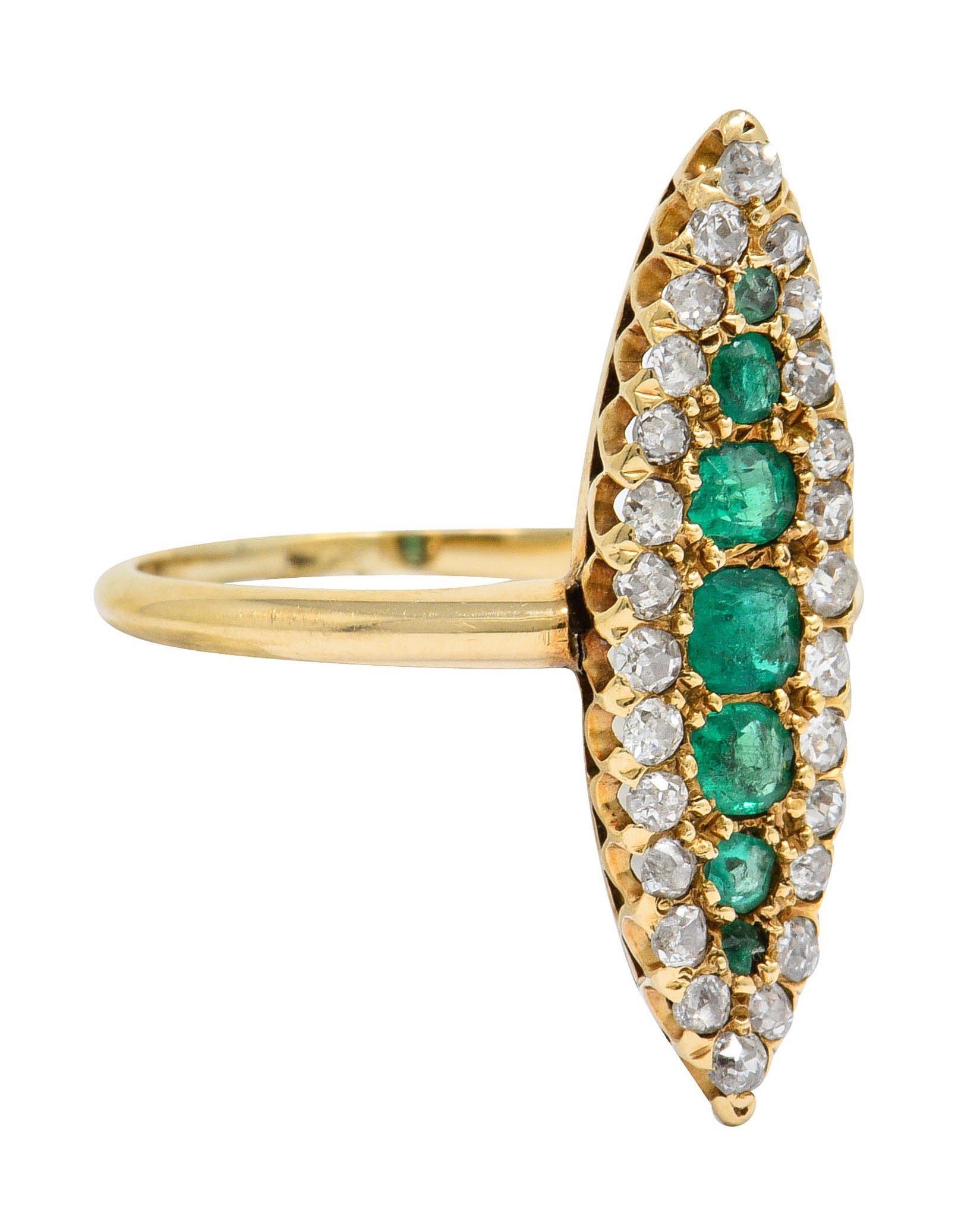 Victorian 1.22 CTW Emerald Diamond 14 Karat Gold Navette Cluster RingRing - Wilson's Estate Jewelry