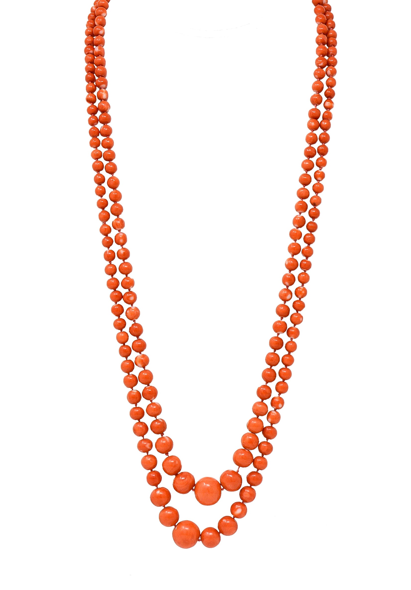 Art Deco Old Mine Diamond Coral Platinum Layered Bead Multi Strand Necklace