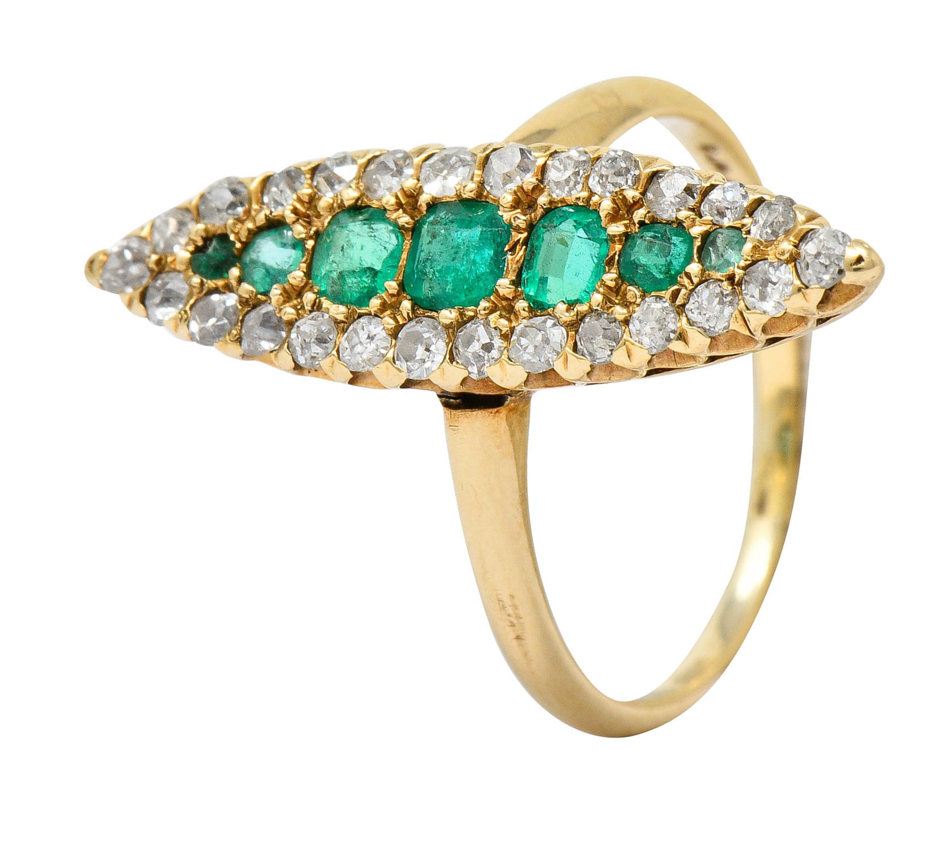 Victorian 1.22 CTW Emerald Diamond 14 Karat Gold Navette Cluster RingRing - Wilson's Estate Jewelry