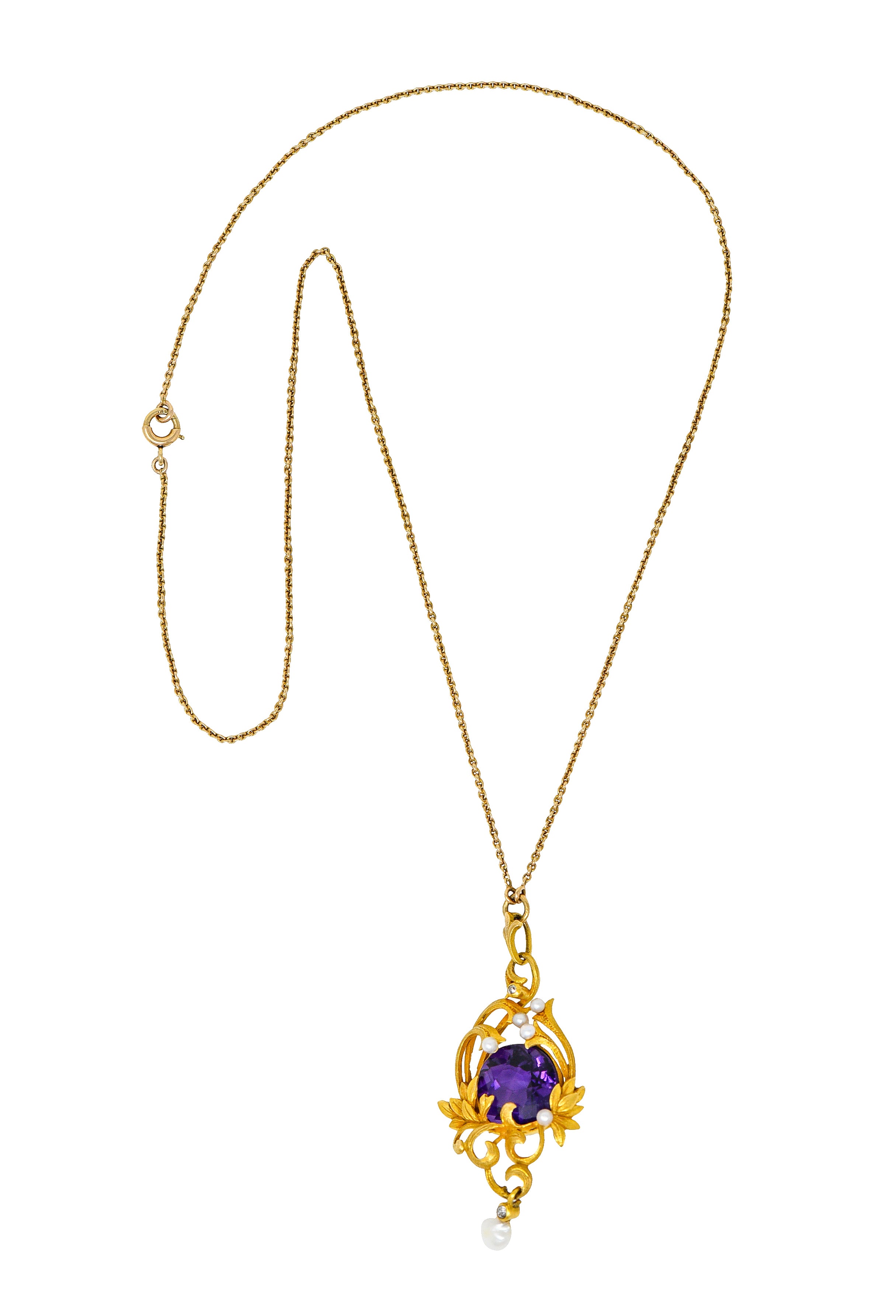 Art Nouveau 14 Karat Gold Amethyst Diamond Pearl Foliate Drop Pendant NecklaceNecklace - Wilson's Estate Jewelry