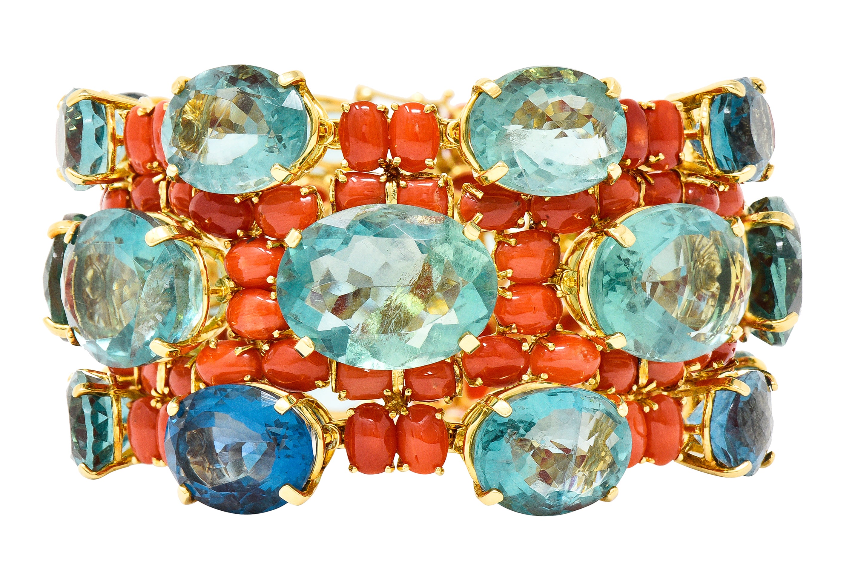 Tony Douquette 1960's Coral Fluorite 18 Karat Yellow Gold Substantial Vintage Multi-Gem Bracelet Wilson's Estate Jewelry