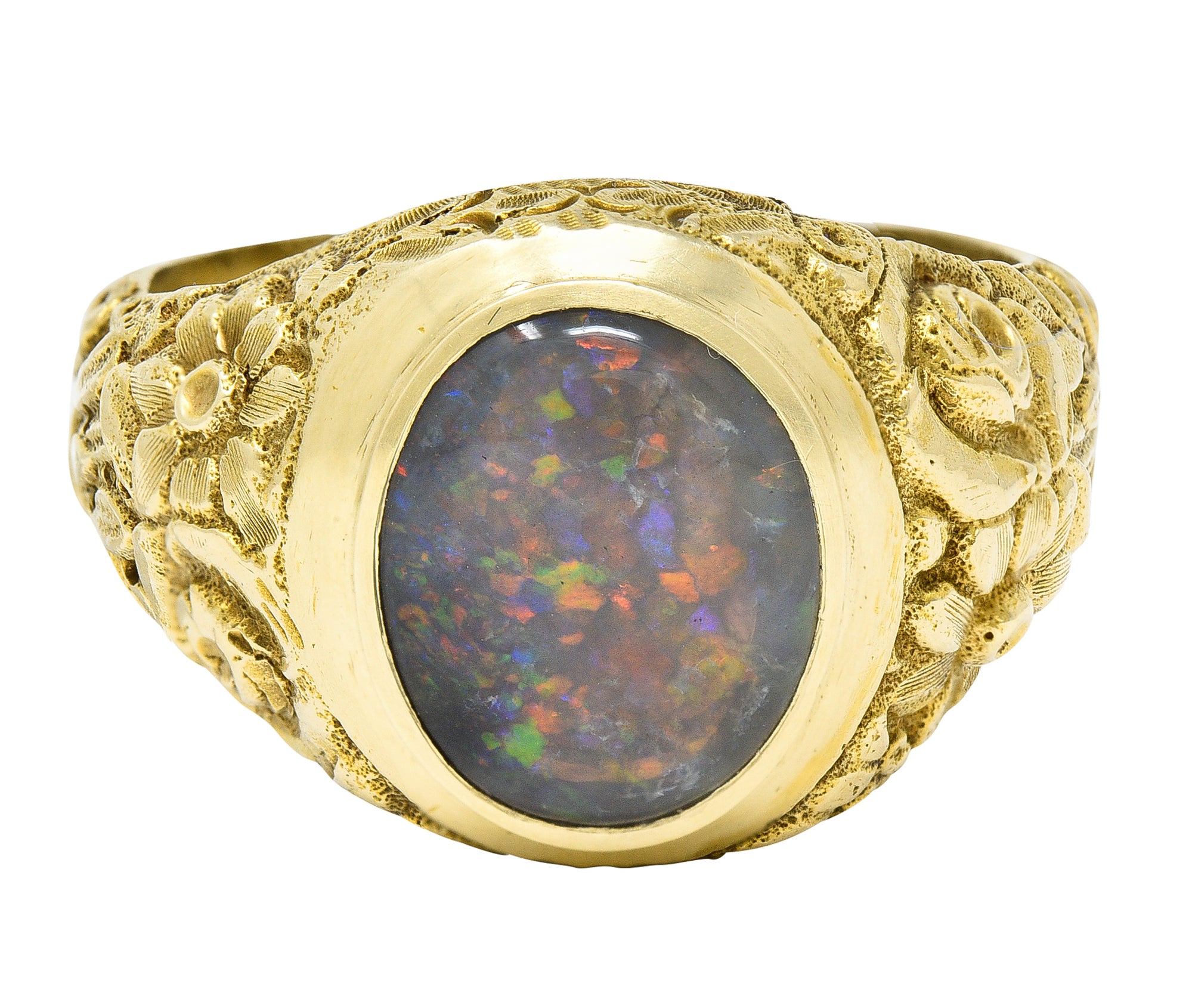 Late Victorian Black Opal 14 Karat Gold Unisex Floral Signet Ring Wilson's Estate Jewelry