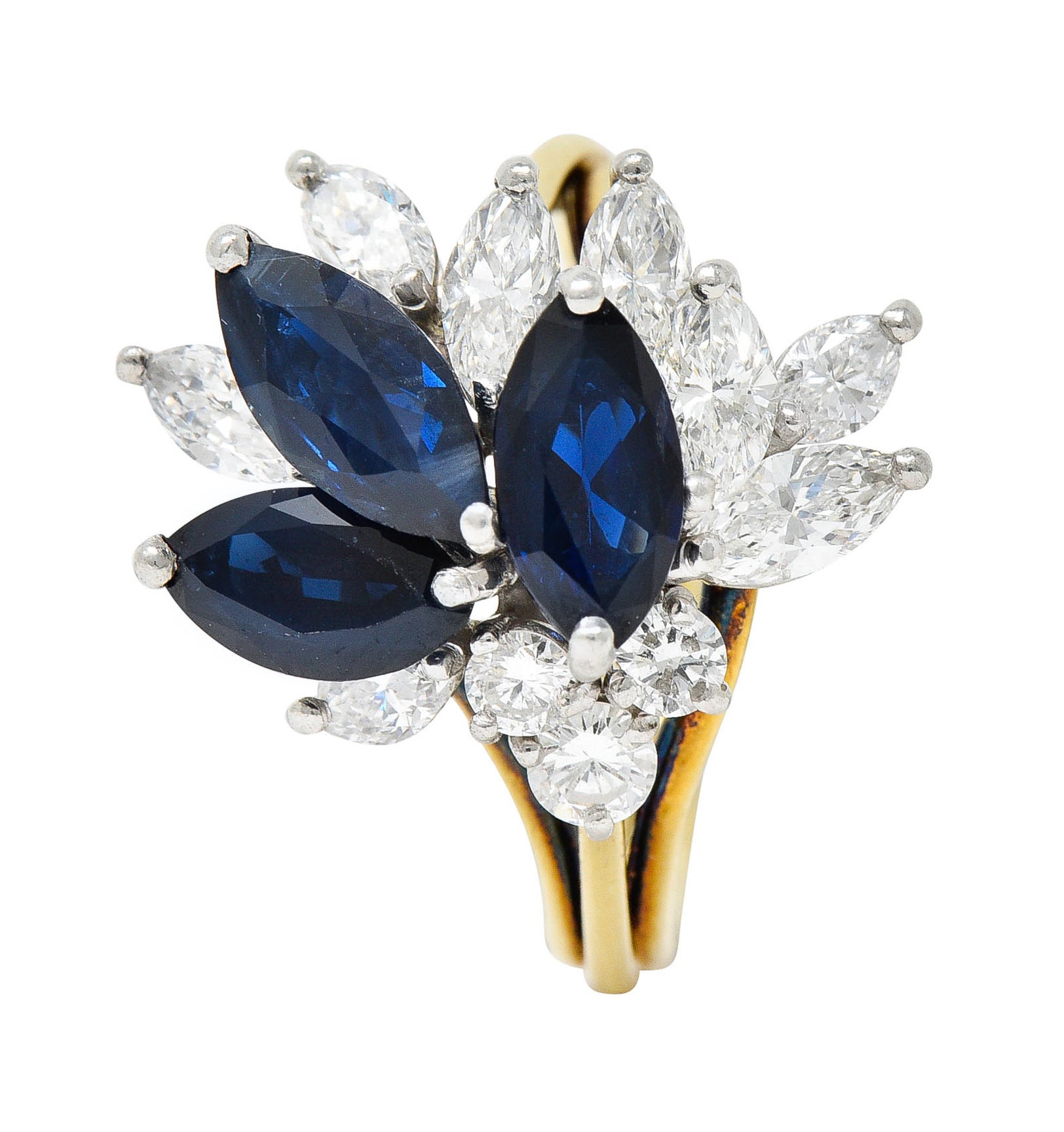 1980's Vintage 3.30 CTW Sapphire Diamond Platinum 18 Karat Gold Cluster RingRing - Wilson's Estate Jewelry