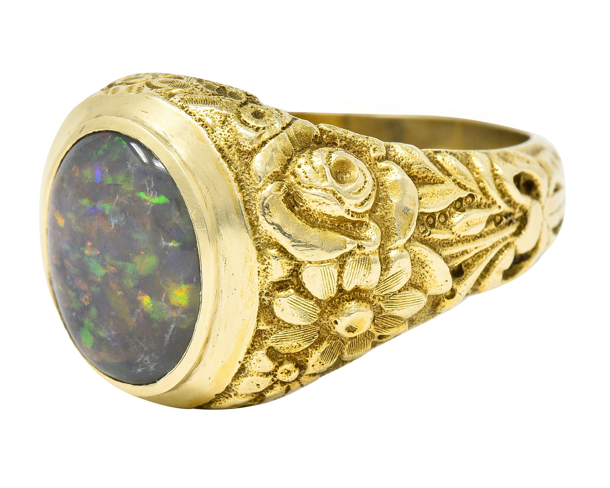 Late Victorian Black Opal 14 Karat Gold Unisex Floral Signet Ring Wilson's Estate Jewelry