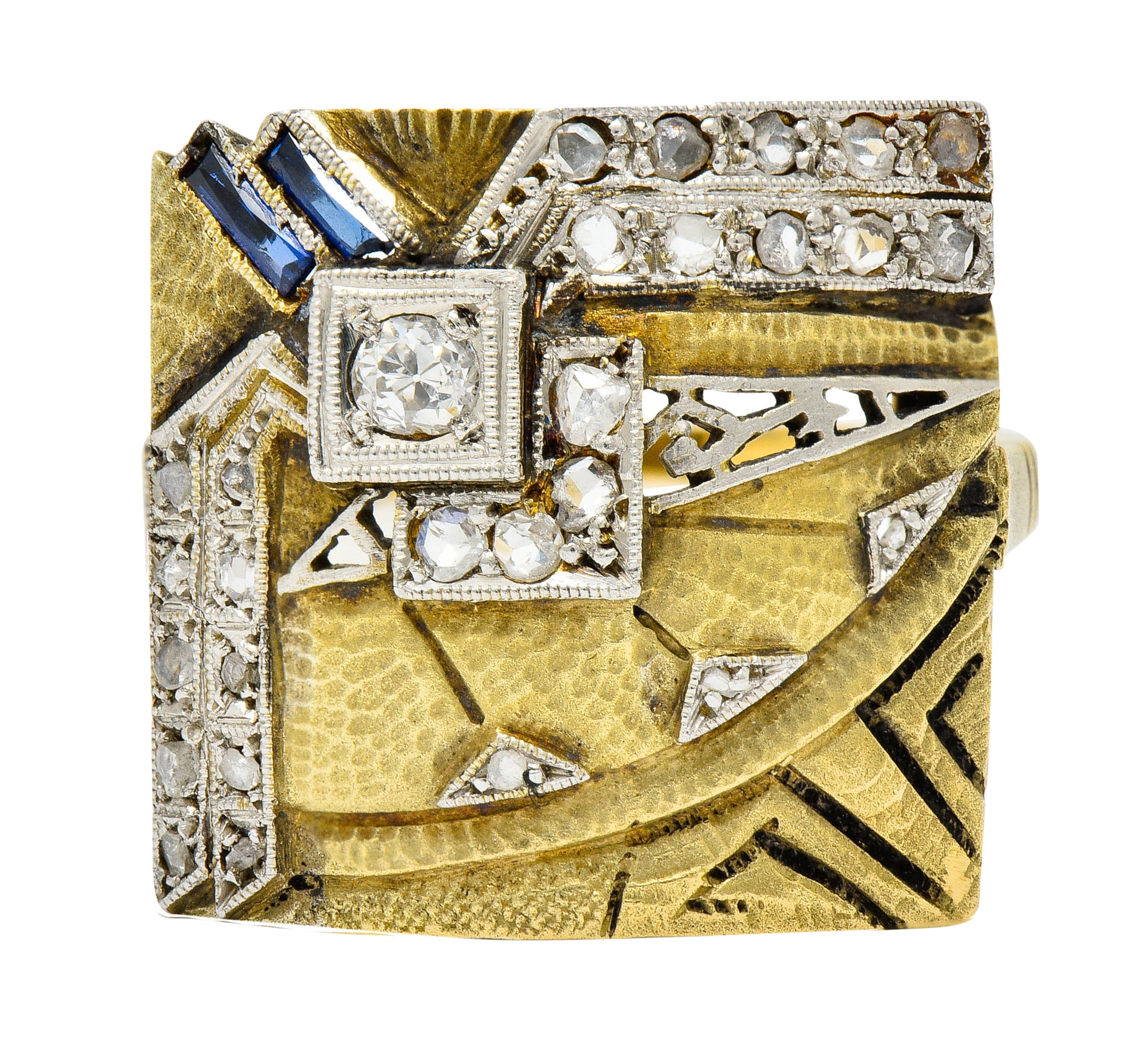 1920's Early Art Deco Diamond Sapphire Platinum-Topped 18 Karat Gold Egyptian Revival Ring - Wilson's Estate Jewelry