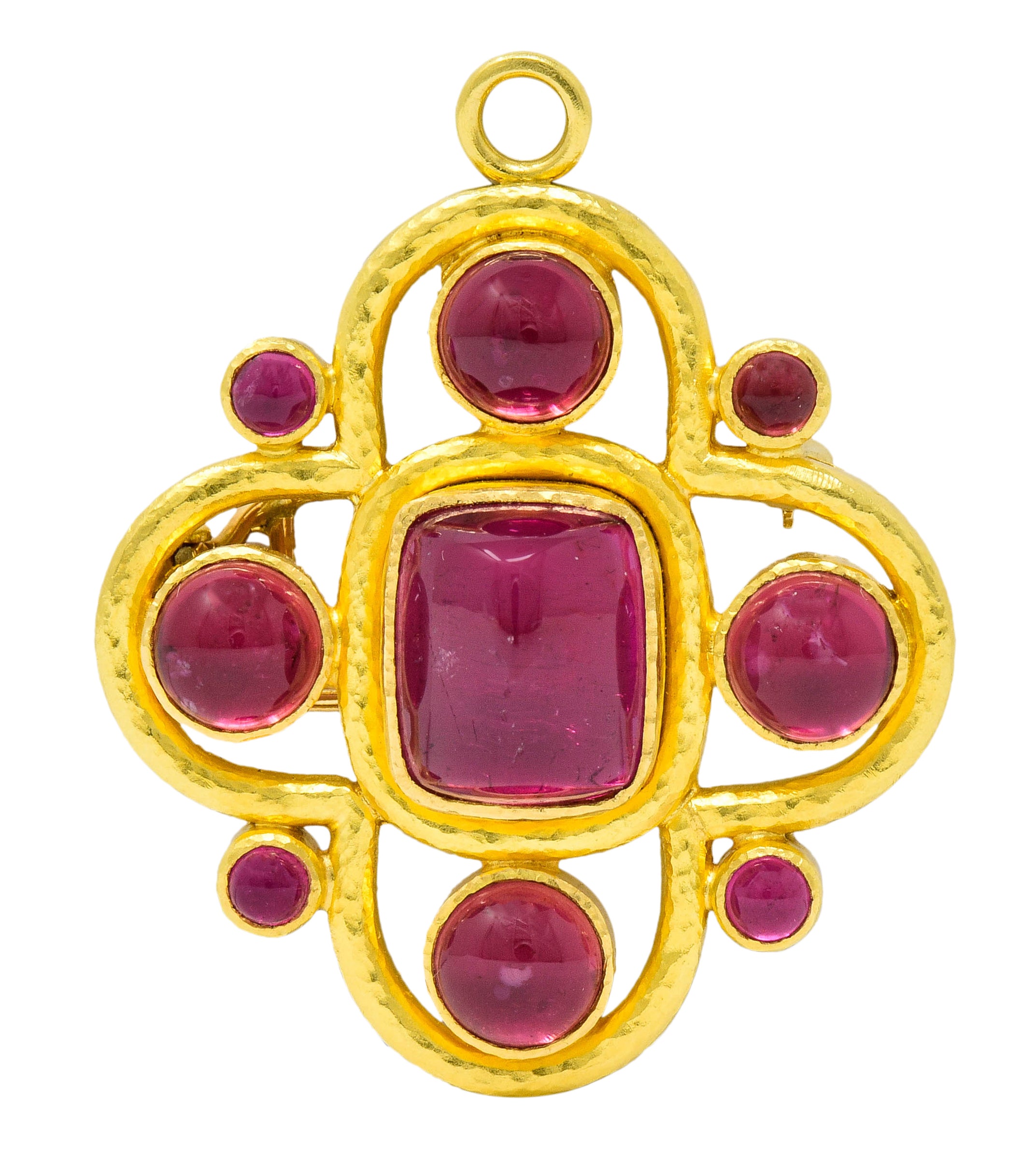 Elizabeth Locke Pink Tourmaline 19 Karat Hammered Gold Quatrefoil Pendant Brooch - Wilson's Estate Jewelry