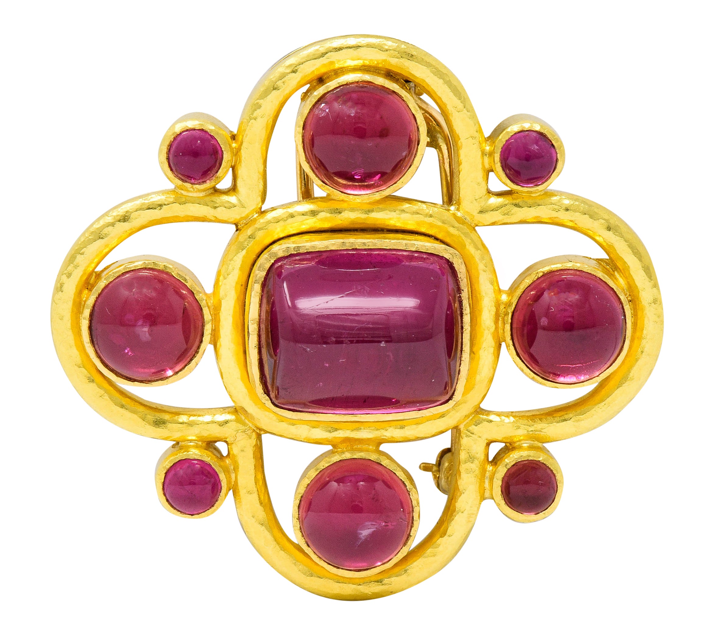 Elizabeth Locke Pink Tourmaline 19 Karat Hammered Gold Quatrefoil Pendant Brooch - Wilson's Estate Jewelry