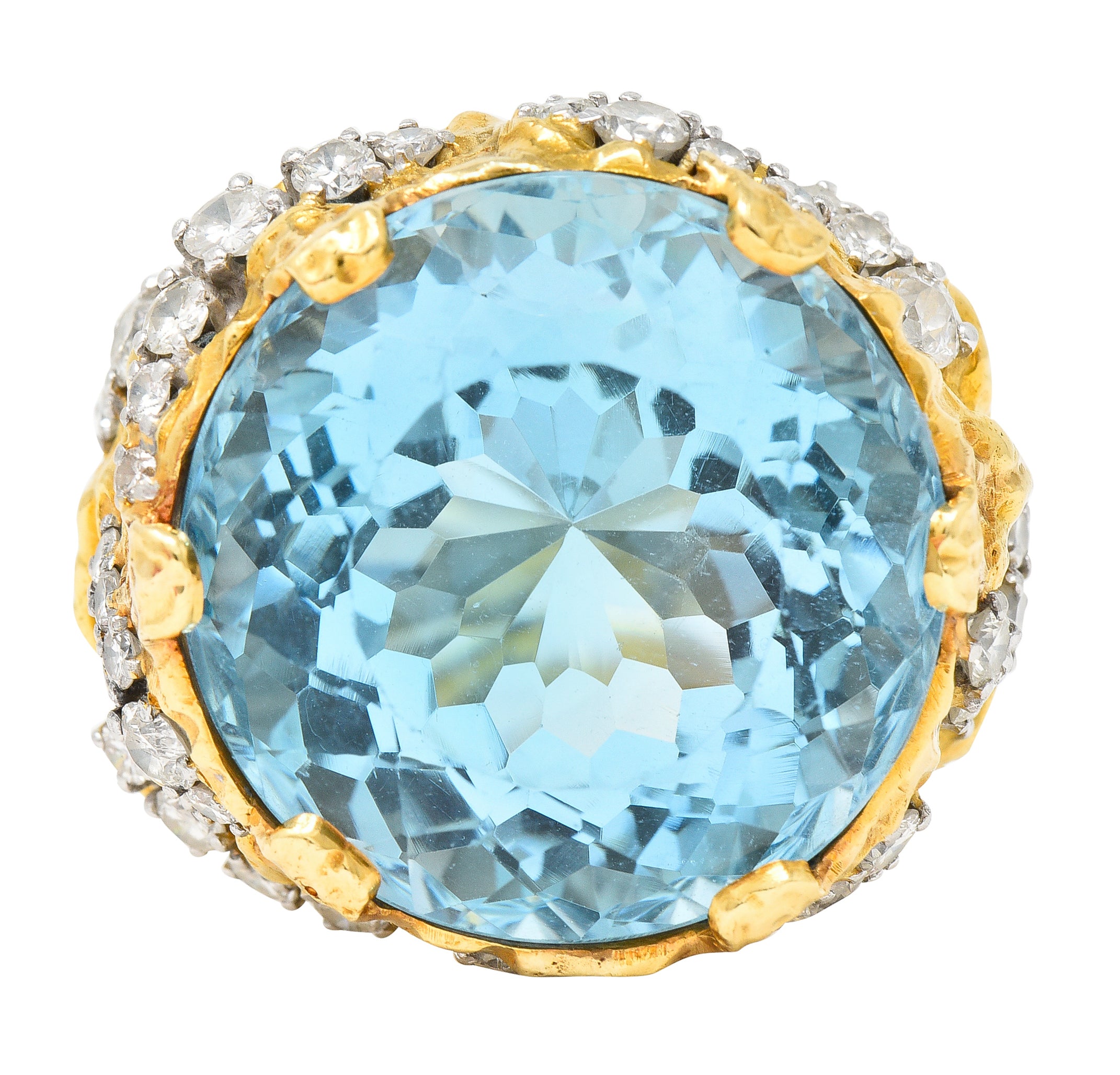 David Webb 1970's 43.10 CTW Aquamarine Diamond Platinum 18 Karat Yellow Gold Substantial Vintage Cocktail Ring Wilson's Estate Jewelry