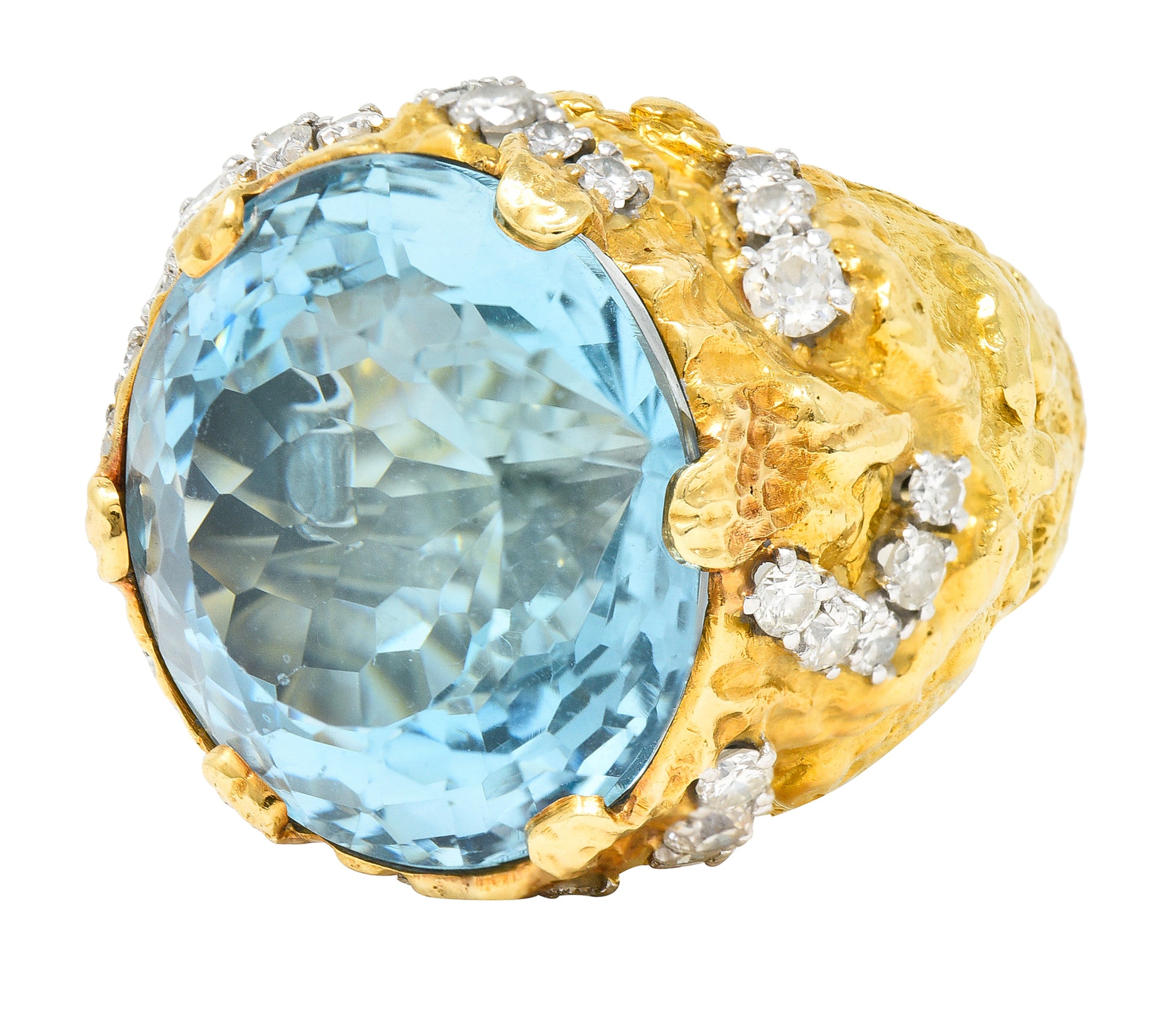 David Webb 1970's 43.10 CTW Aquamarine Diamond Platinum 18 Karat Yellow Gold Substantial Vintage Cocktail Ring Wilson's Estate Jewelry