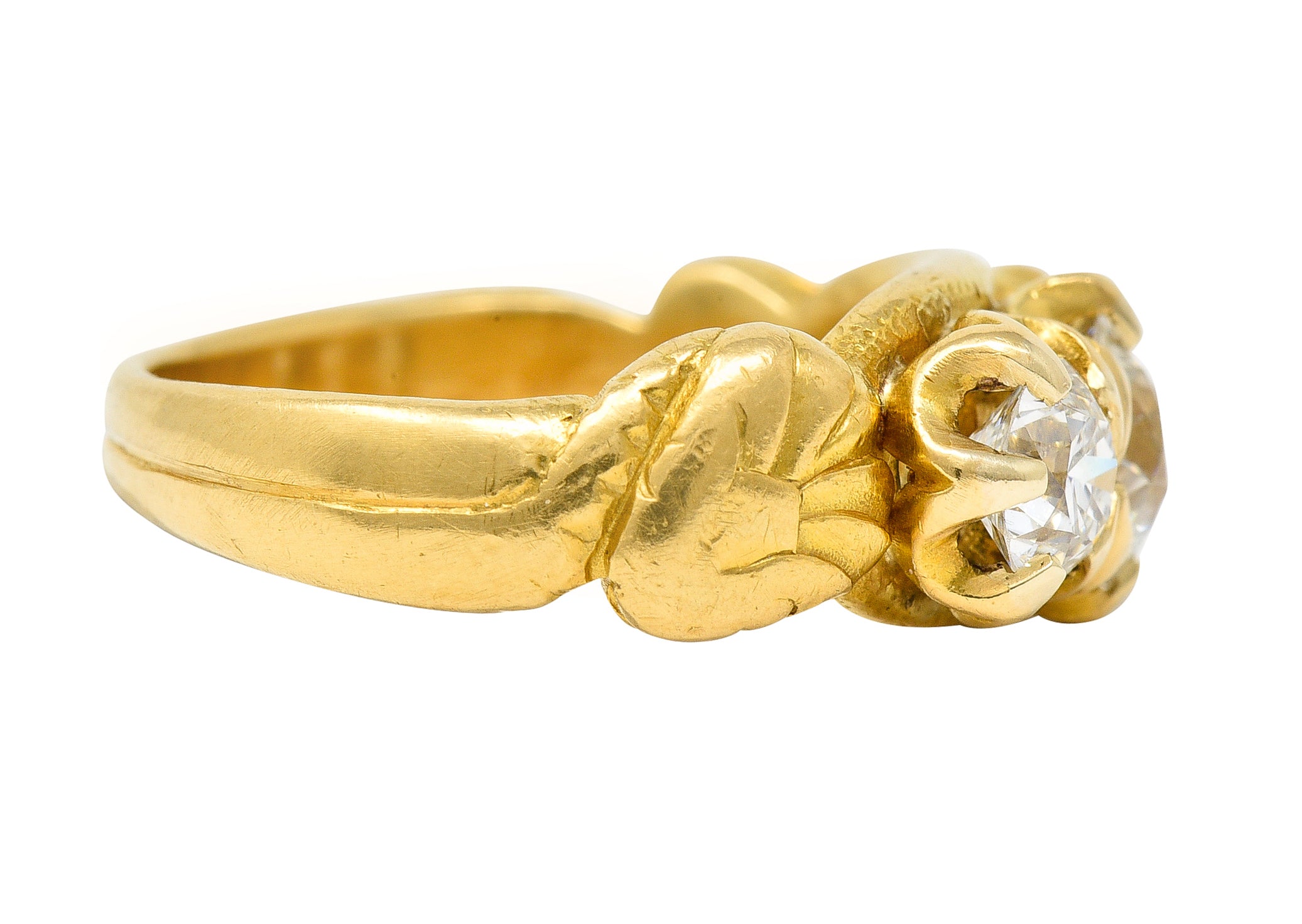 Tiffany & Co. Victorian 1.40 CTW Old European Cut Diamond 18 Karat Yellow Gold Snake Belcher Set Antique Three Stone Ring Wilson's Estate Jewelry