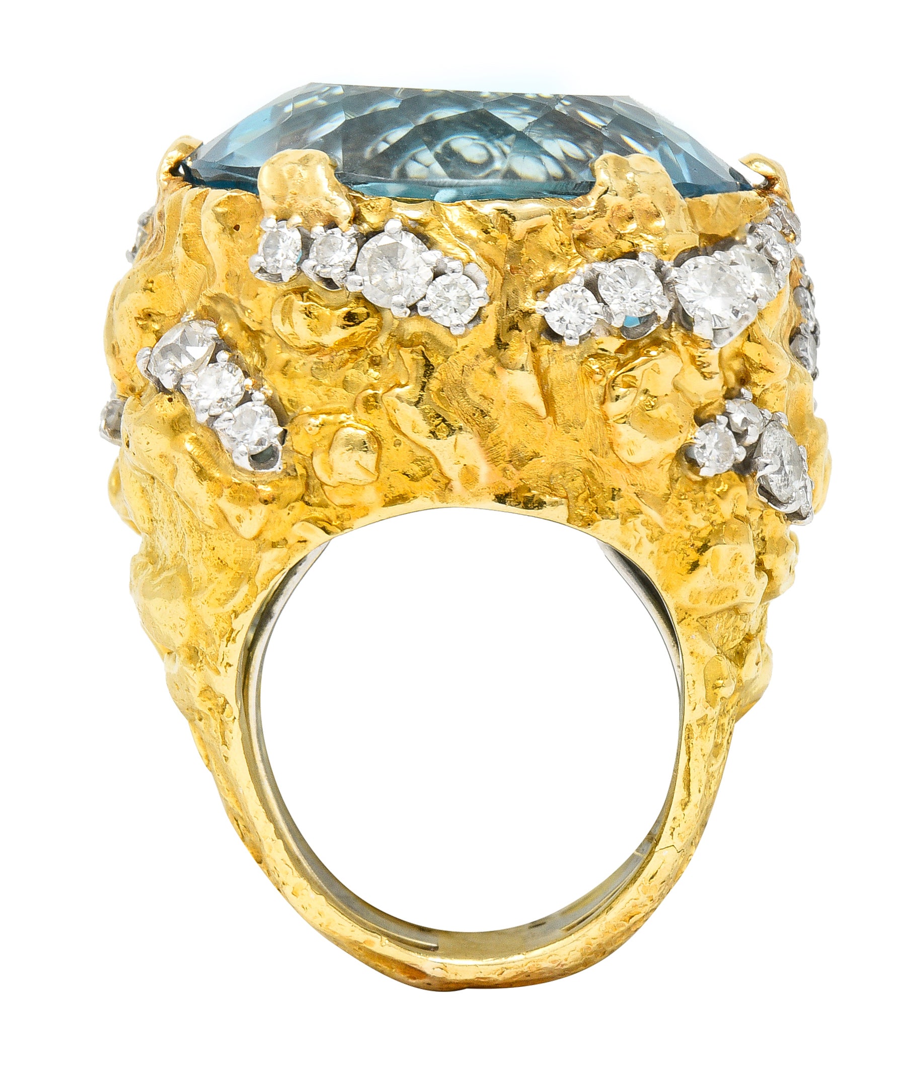 David Webb 1970's 43.10 CTW Aquamarine Diamond Platinum 18 Karat Yellow Gold Substantial Vintage Cocktail Ring Wilson's Estate Jewelry