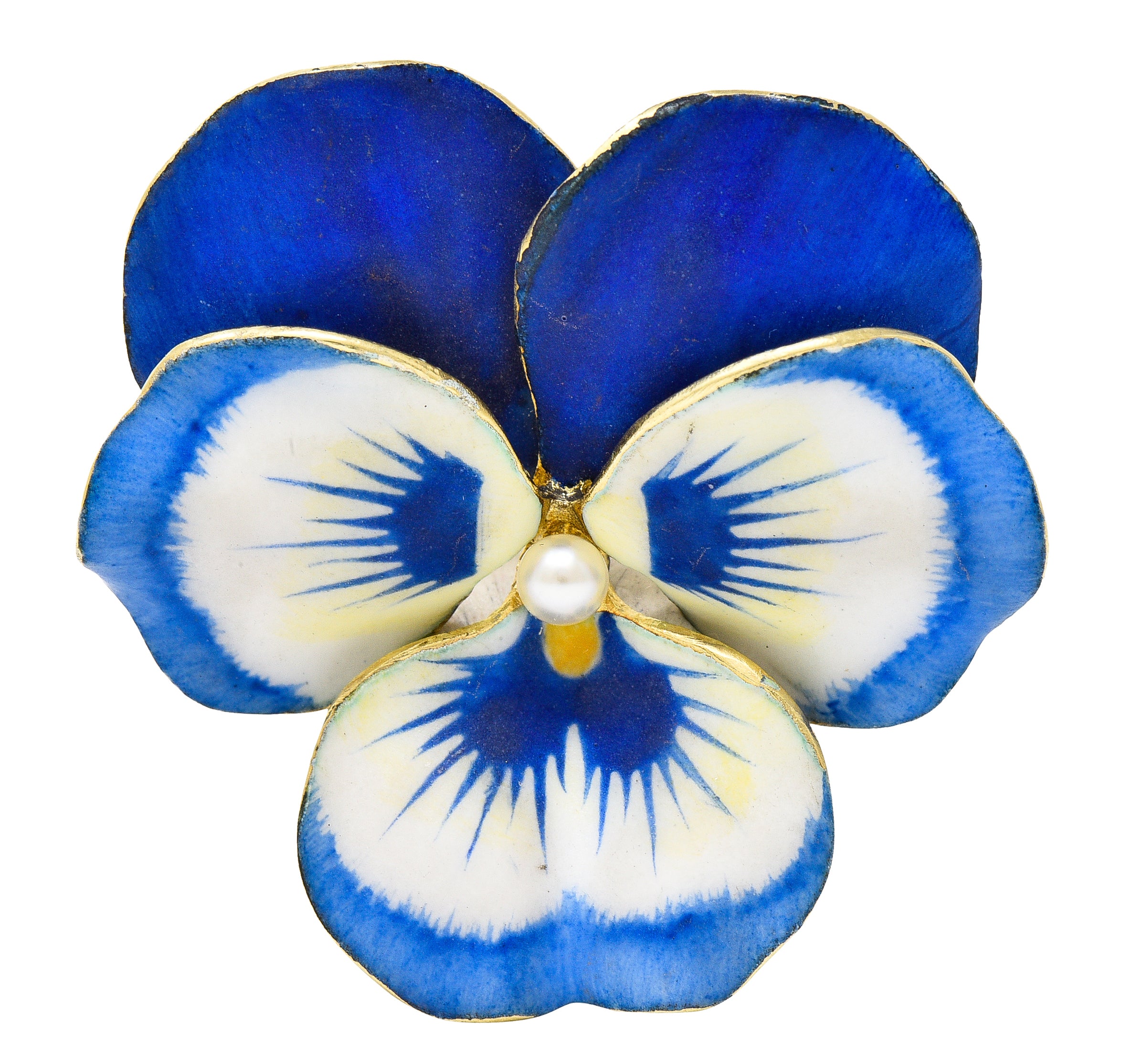 Art Nouveau Pearl Enamel 14 Karat Yellow Gold Blue Pansy Antique Brooch Wilson's Estate Jewelry