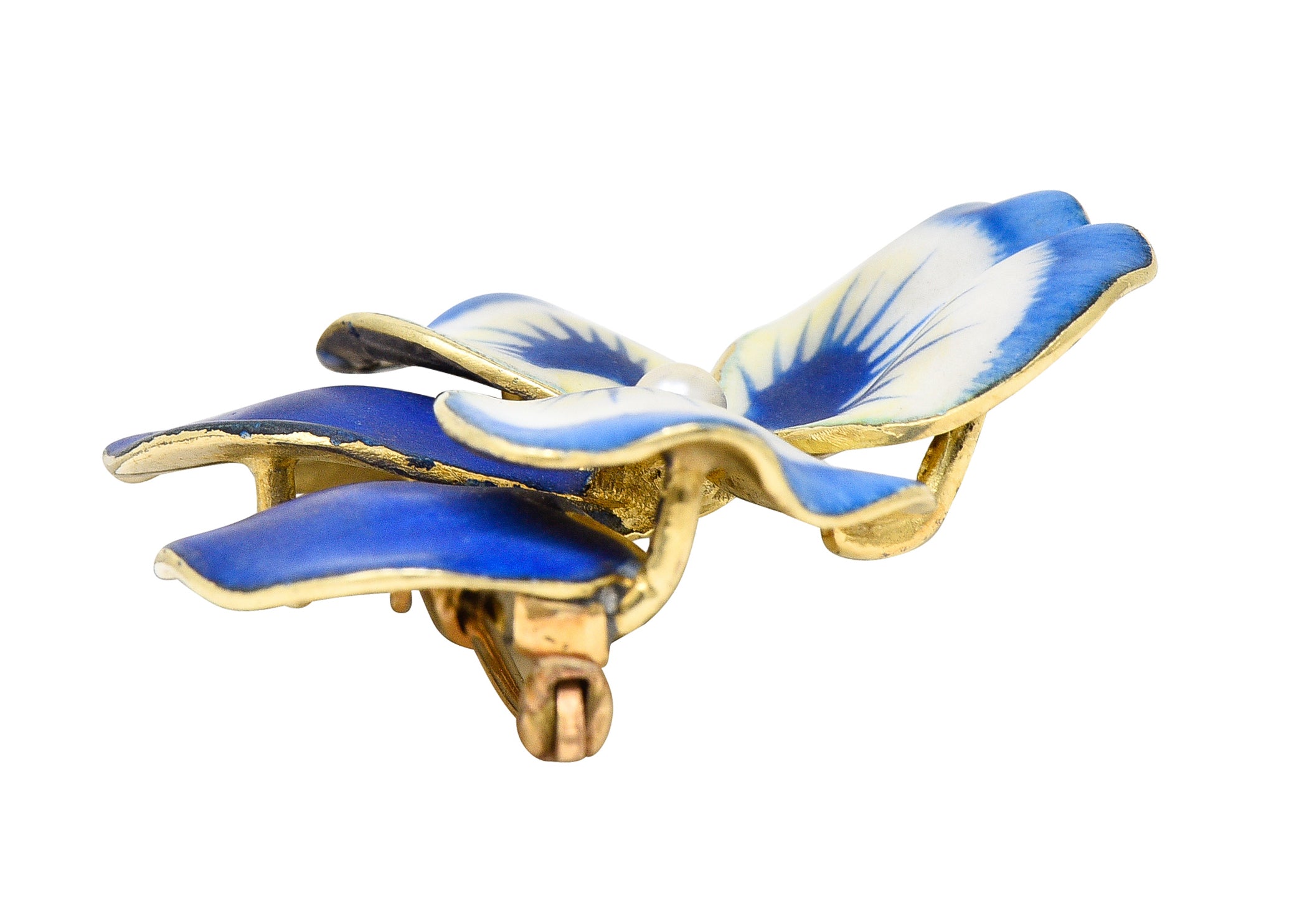 Art Nouveau Pearl Enamel 14 Karat Yellow Gold Blue Pansy Antique Brooch Wilson's Estate Jewelry