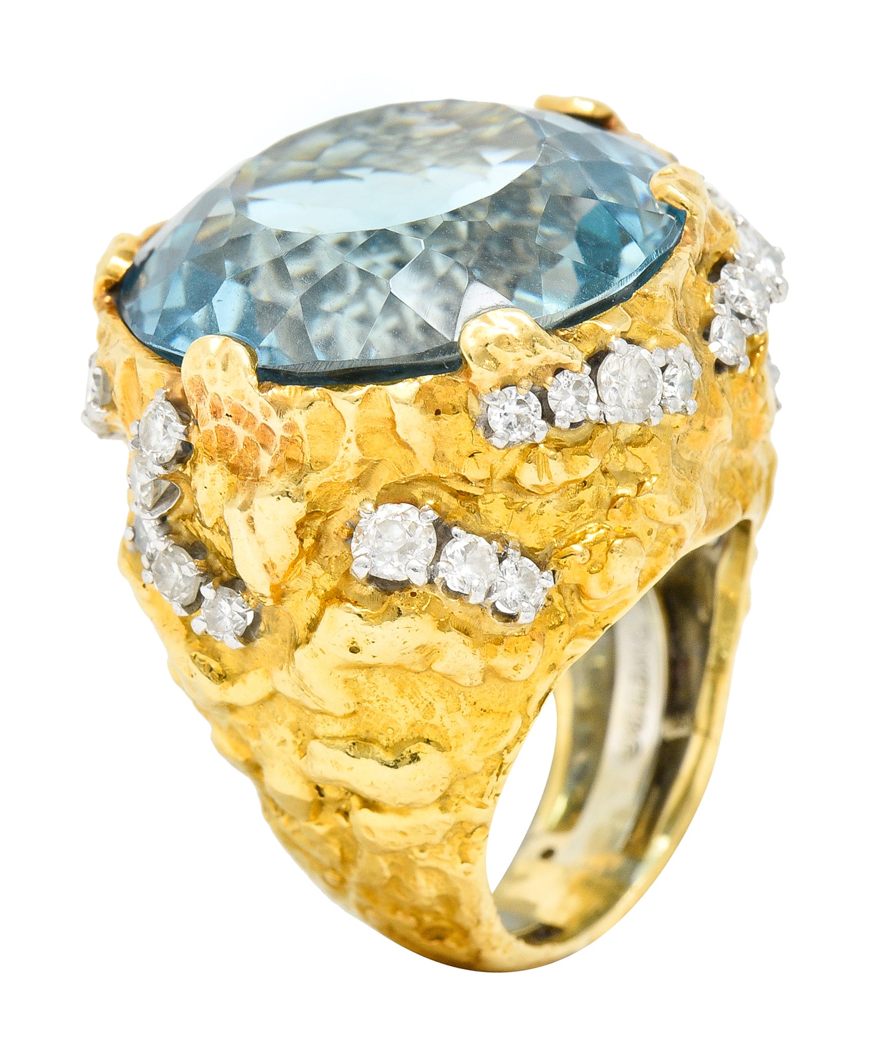 David Webb 1970's 43.10 CTW Aquamarine Diamond Platinum 18 Karat Yellow Gold Substantial Vintage Cocktail Ring Wilson's Estate Jewelry