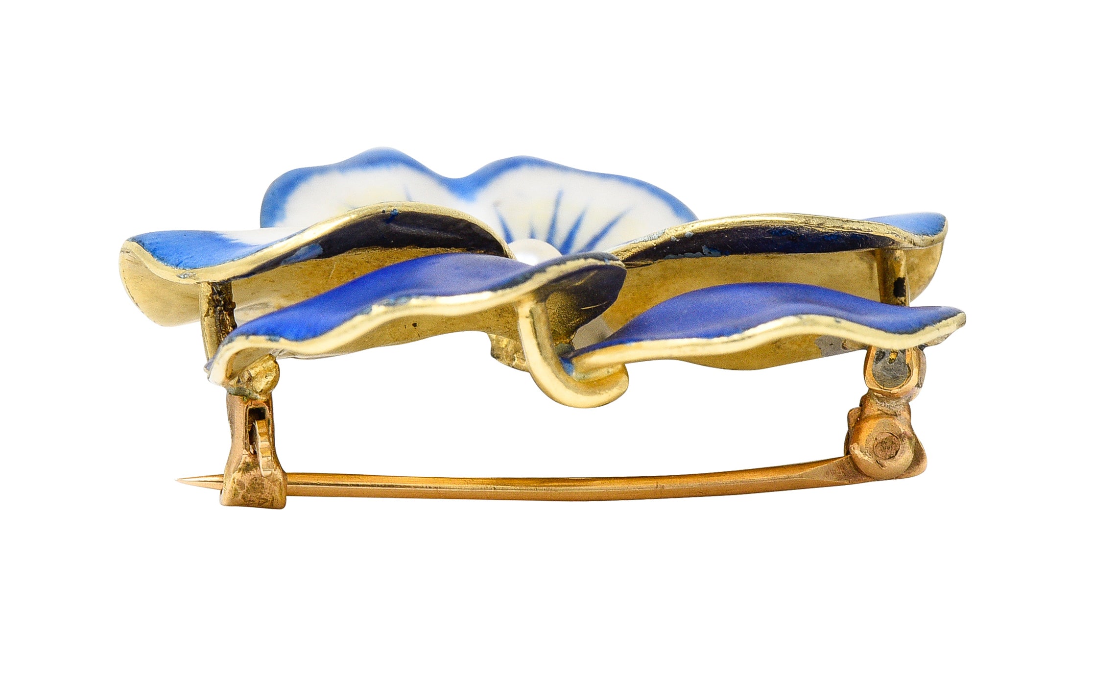 Art Nouveau Pearl Enamel 14 Karat Yellow Gold Blue Pansy Antique Brooch Wilson's Estate Jewelry