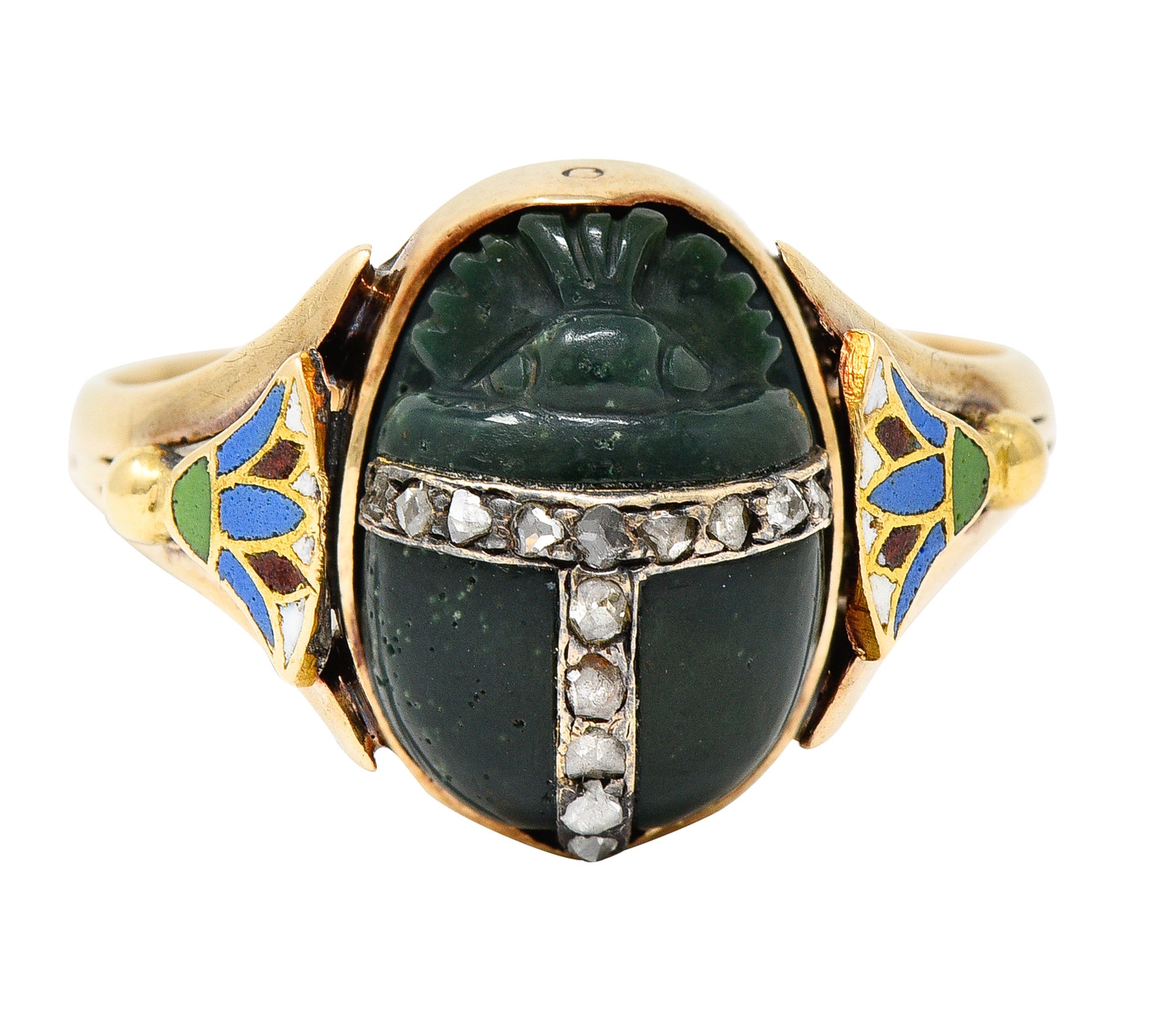 Victorian Egyptian Revival Diamond Enamel Carved Nephrite 14 Karat Yellow Gold Scarab Lotus Antique Ring Wilson's Estate Jewelry