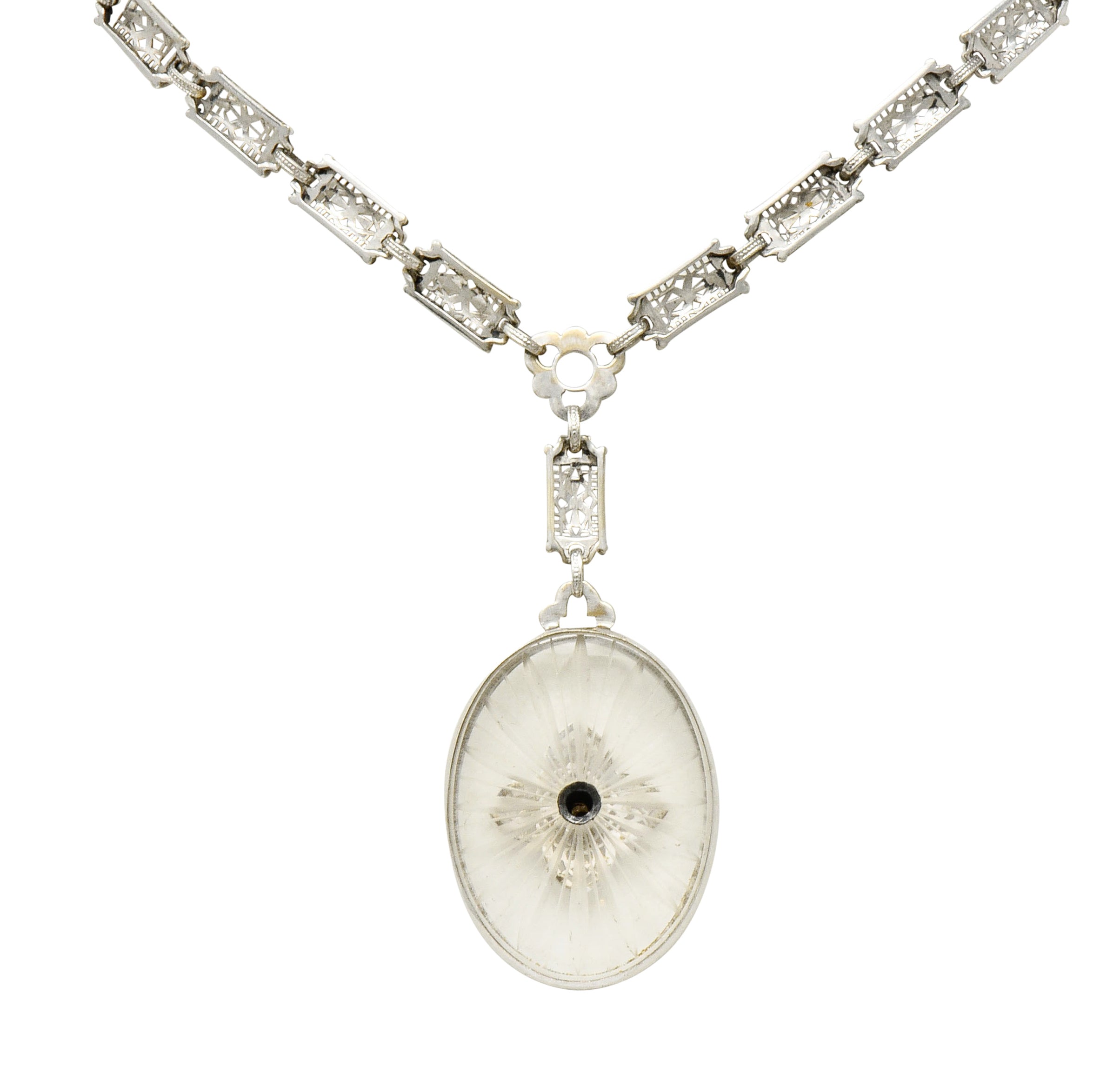 1920's Art Deco Diamond Camphor Glass Platinum Oval Drop Necklace - Wilson's Estate Jewelry