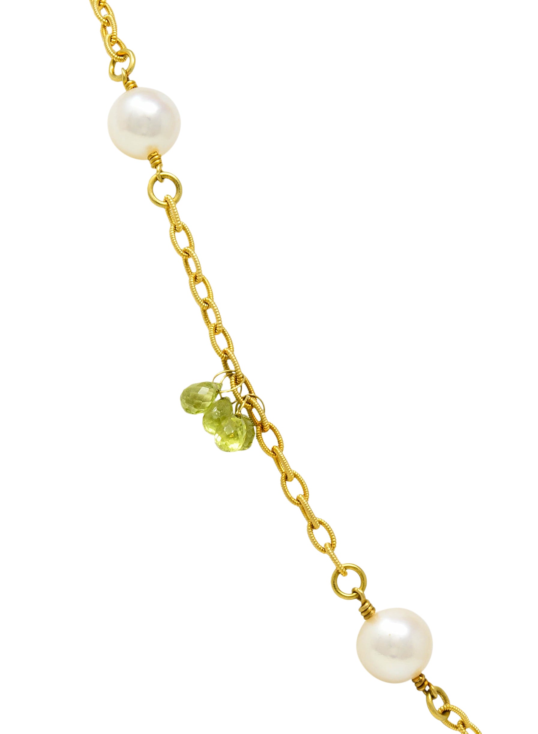 Contemporary Cultured Pearl Peridot 18 Karat Gold Station Necklace - Wilson's Estate Jewelry