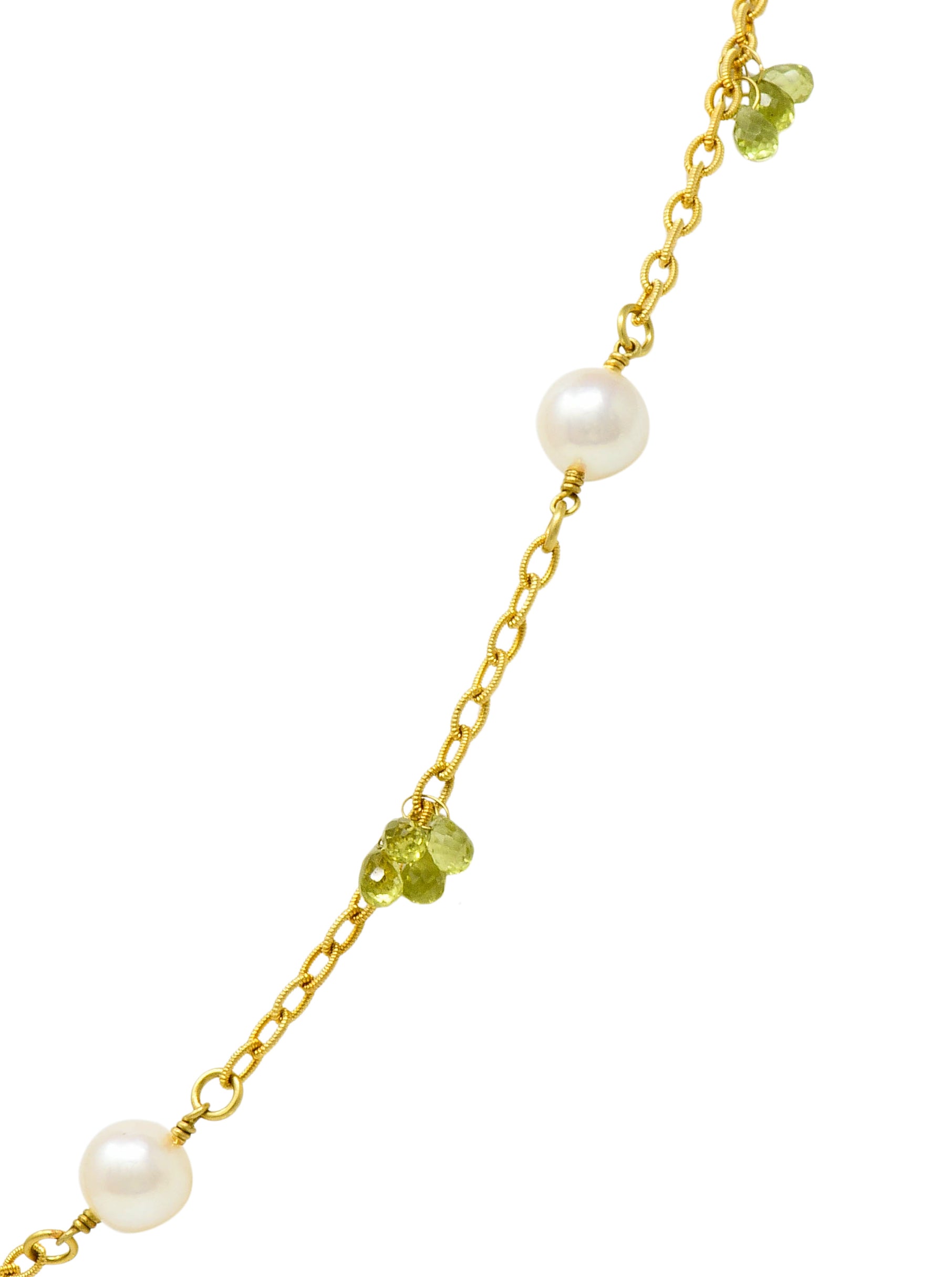 Contemporary Cultured Pearl Peridot 18 Karat Gold Station Necklace - Wilson's Estate Jewelry