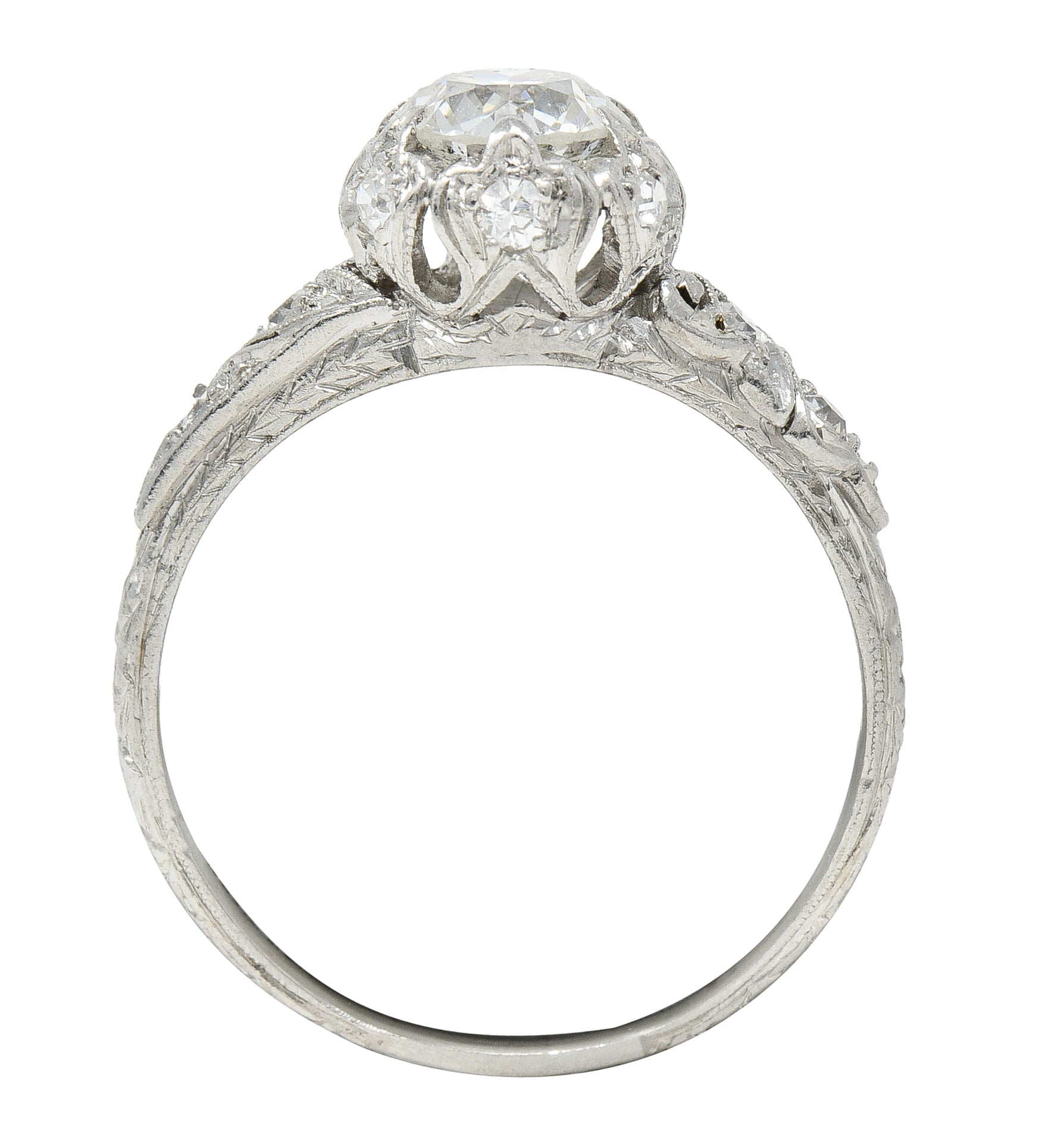 Art Deco 1.14 CTW Old European Cut Diamond Platinum Swirling Fleur-De-Lis Engagement Ring Wilson's Estate Jewelry