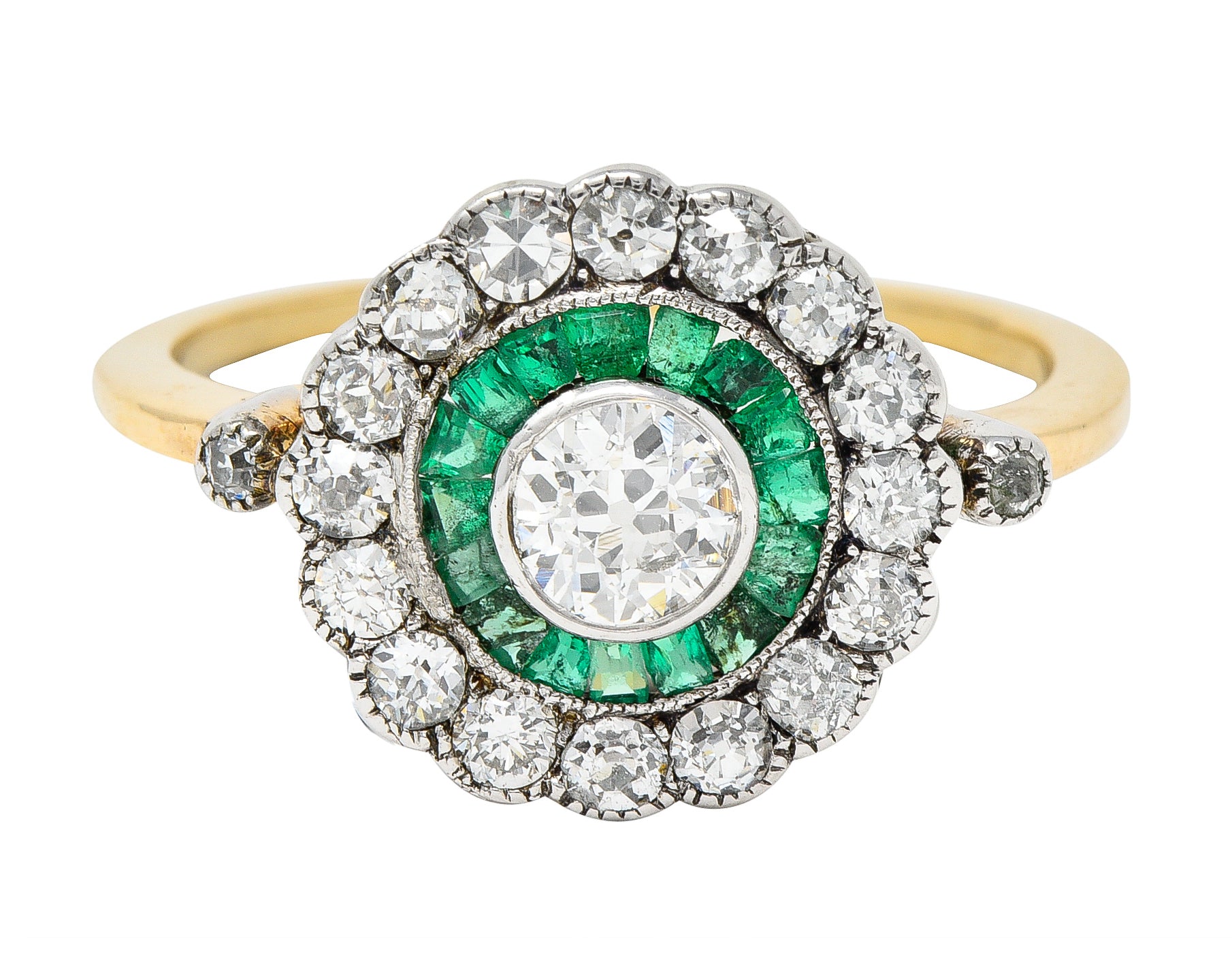 Edwardian 1.74 CTW Old European Cut Diamond Emerald Platinum-Topped 18 Karat Yellow Gold Antique Double Halo Ring Wilson's Estate Jewelry