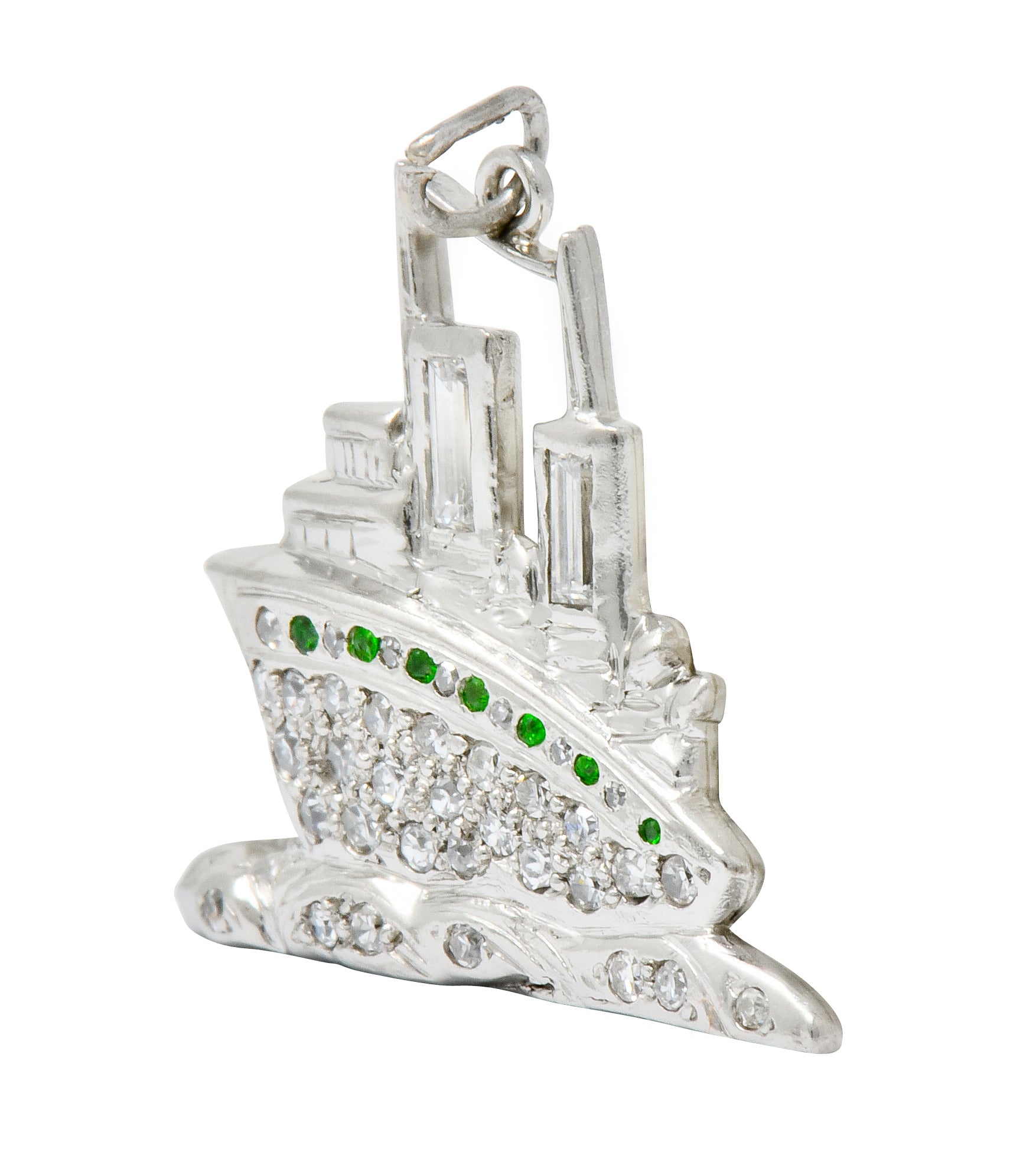 Art Deco Diamond Demantoid Garnet Platinum Queen Mary Ocean Liner Ship Charm - Wilson's Estate Jewelry