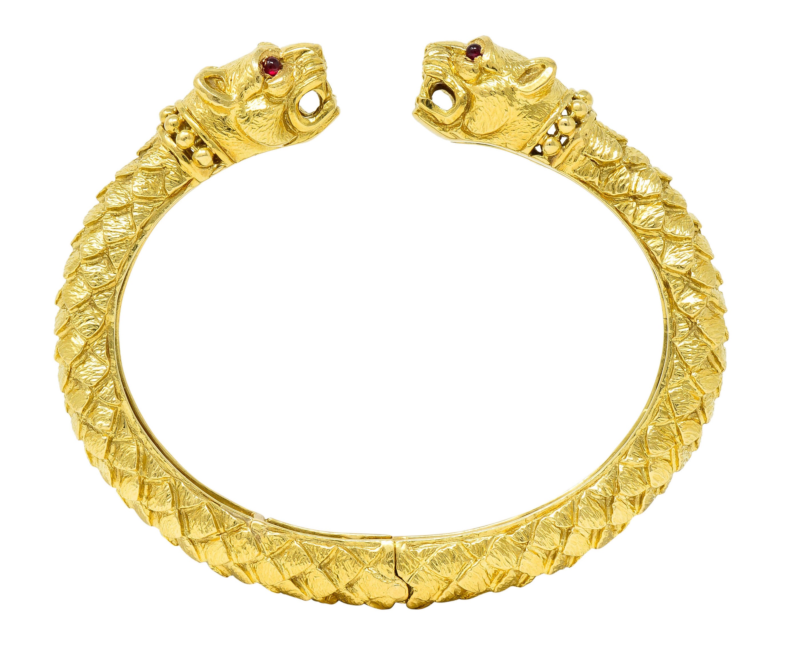 David Webb Vintage Ruby 18 Karat Yellow Gold Lion Head Kingdom Cuff Braceletbracelet - Wilson's Estate Jewelry