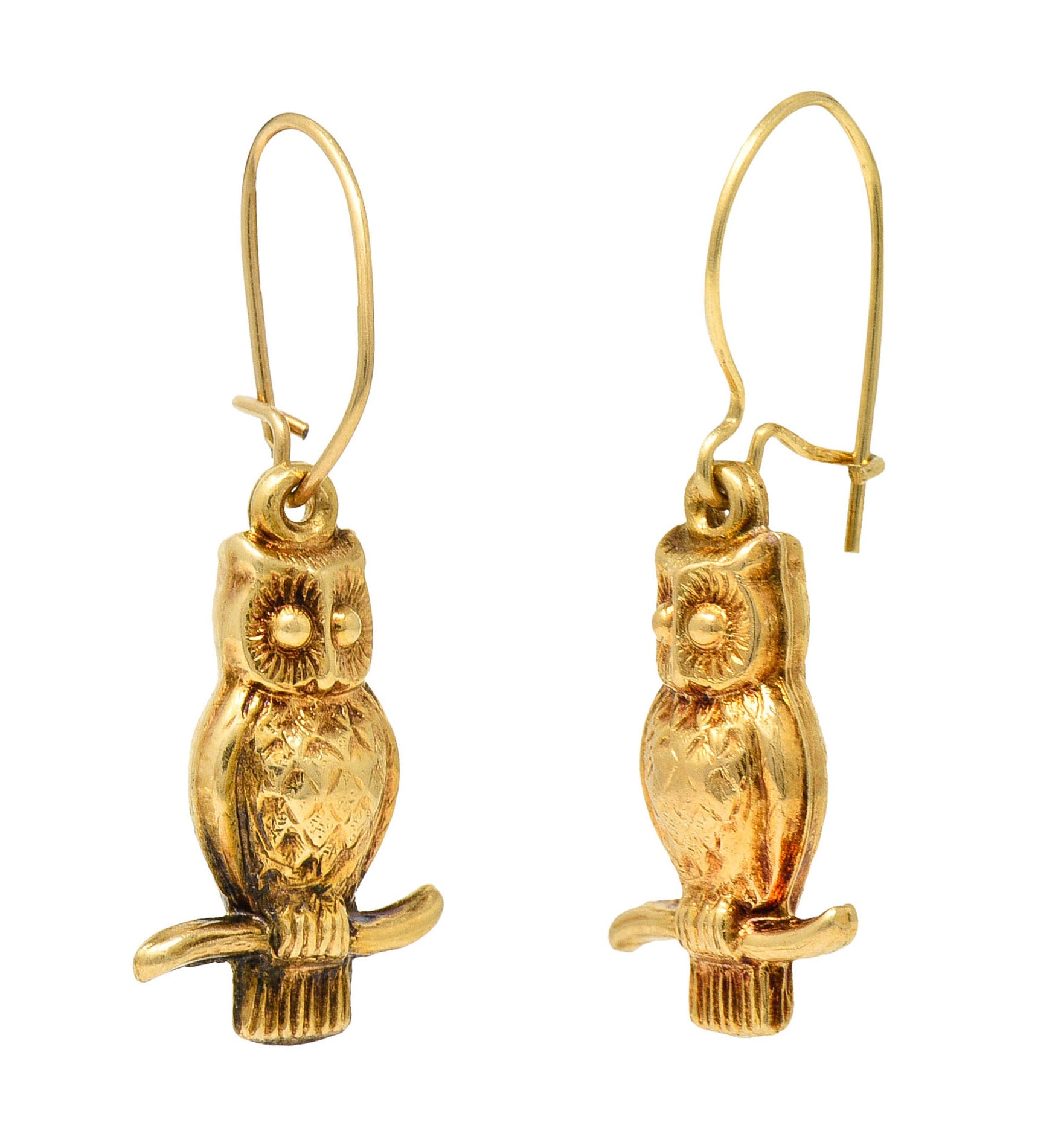 1905 Art Nouveau 14 Karat Gold Owl Drop EarringsEarrings - Wilson's Estate Jewelry