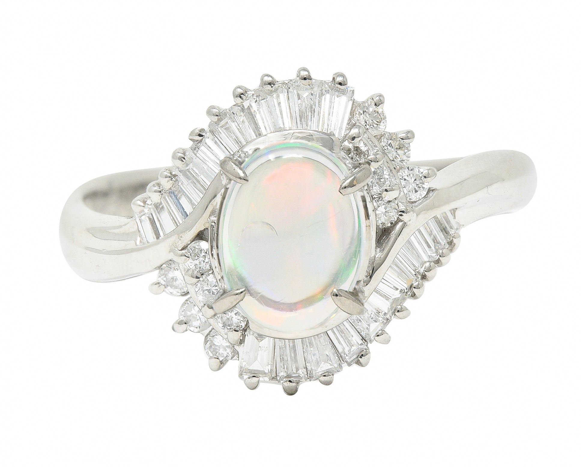 Contemporary Diamond Jelly Opal Platinum Swirl Bypass Cluster Ring Wilson's Estate Jewelry