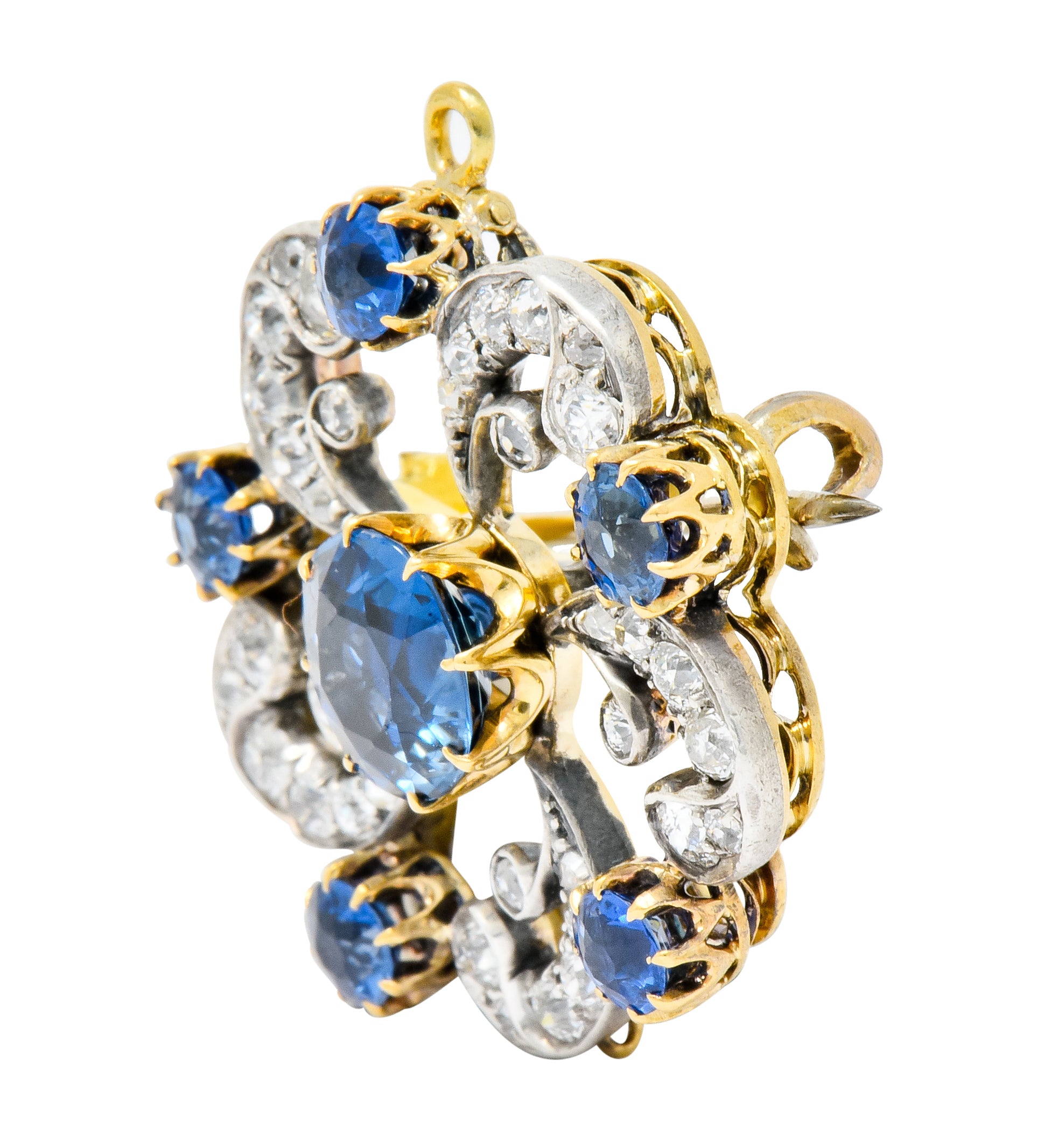 Edwardian 3.90 CTW Sapphire Diamond Platinum-Topped Floral Pendant Brooch - Wilson's Estate Jewelry