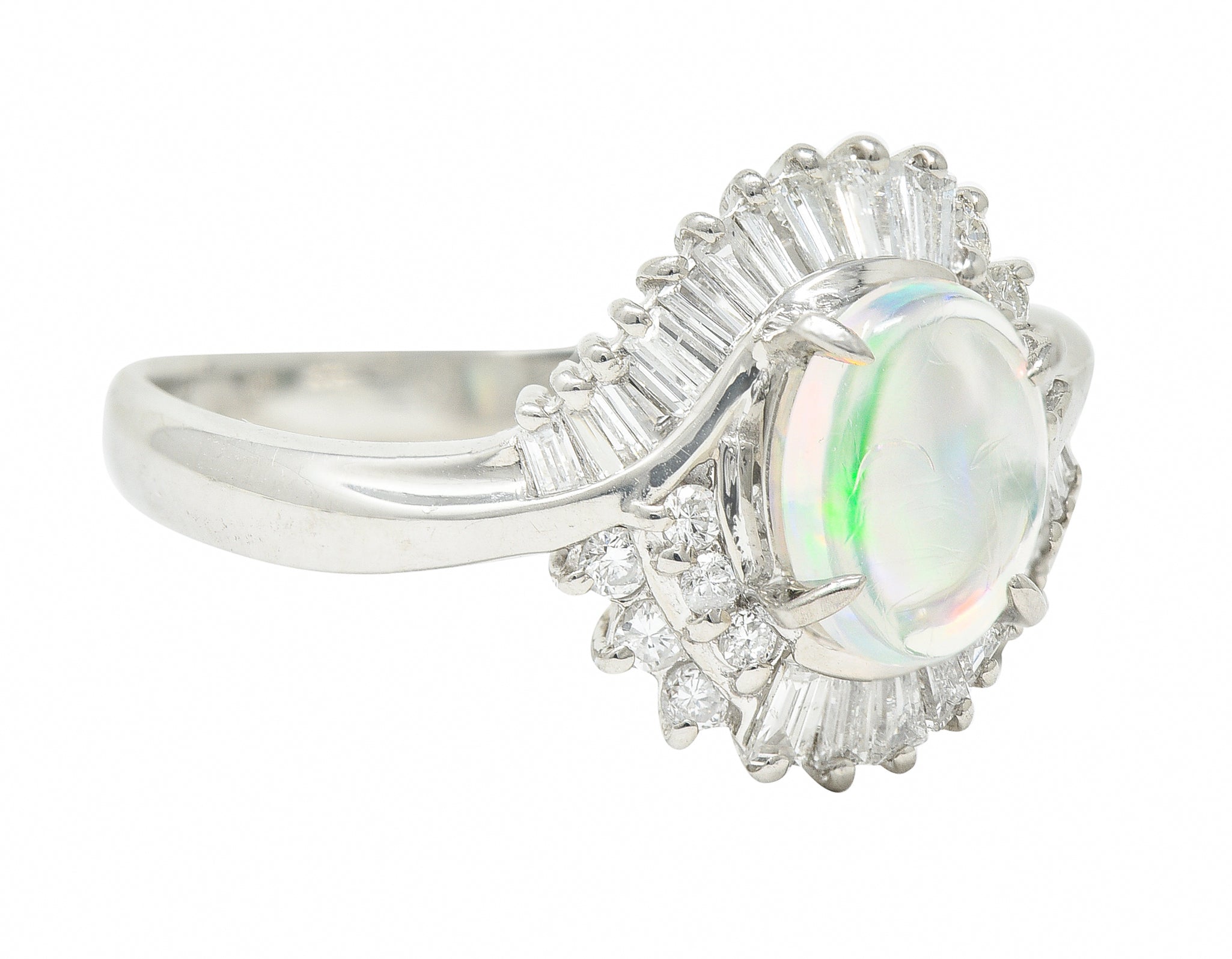 Contemporary Diamond Jelly Opal Platinum Swirl Bypass Cluster Ring Wilson's Estate Jewelry