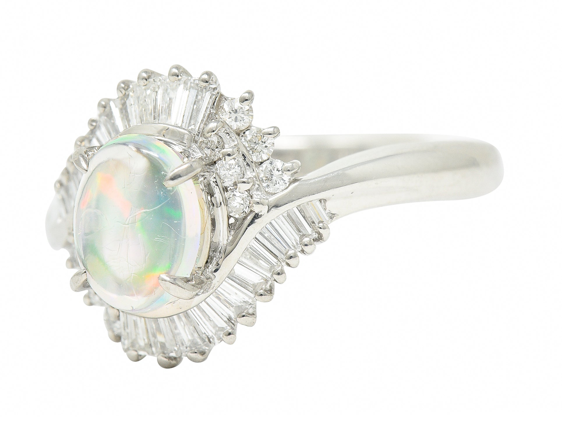 Contemporary Diamond Jelly Opal Platinum Swirl Bypass Cluster Ring Wilson's Estate Jewelry