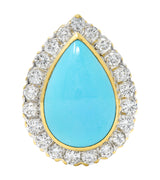 David Webb 1970's Turquoise Pear Shaped Cabochon Diamond Platinum-Topped 18 Karat Yellow Gold Vintage Halo Ring Wilson's Estate Jewelry