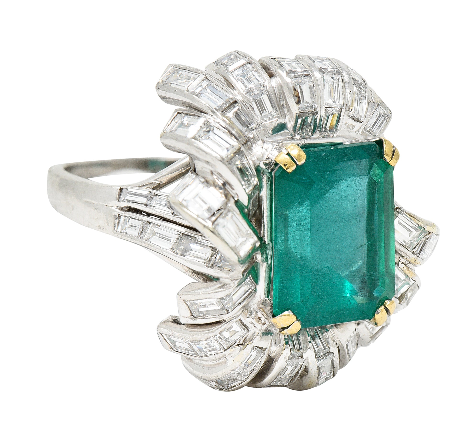 French 1950's Mid-Century 11.65 CTW Emerald Diamond Platinum 18 Karat Gold Cocktail Ring Wilson's Estate Jewelry