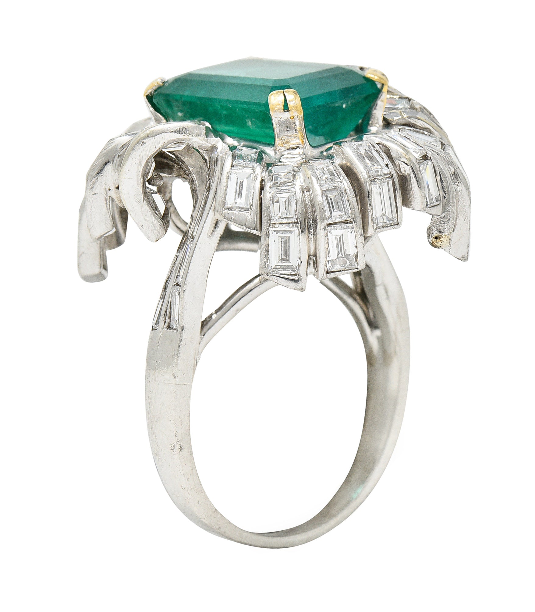 French 1950's Mid-Century 11.65 CTW Emerald Diamond Platinum 18 Karat Gold Cocktail Ring Wilson's Estate Jewelry