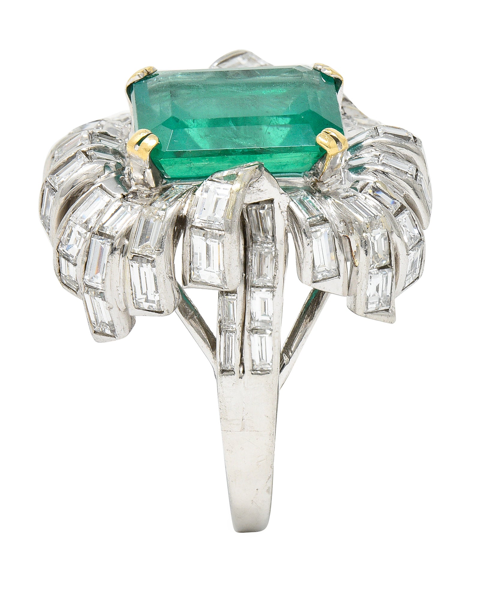 French 1950's Mid-Century 11.65 CTW Emerald Diamond Platinum 18 Karat Gold Cocktail Ring Wilson's Estate Jewelry