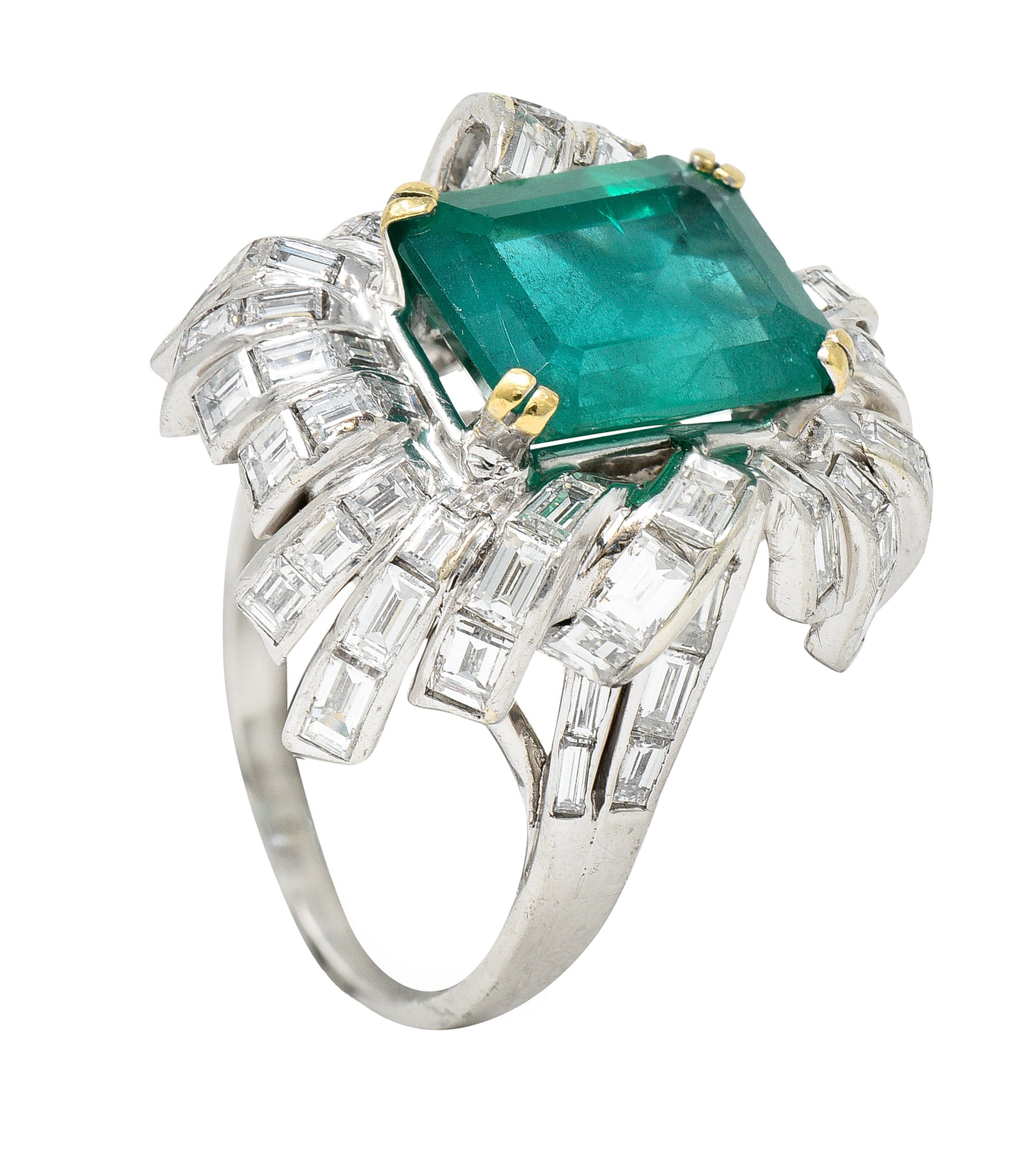 French 1950's Mid-Century 11.65 CTW Emerald Diamond Platinum 18 Karat Gold Cocktail Ring Wilson's Estate Jewelry