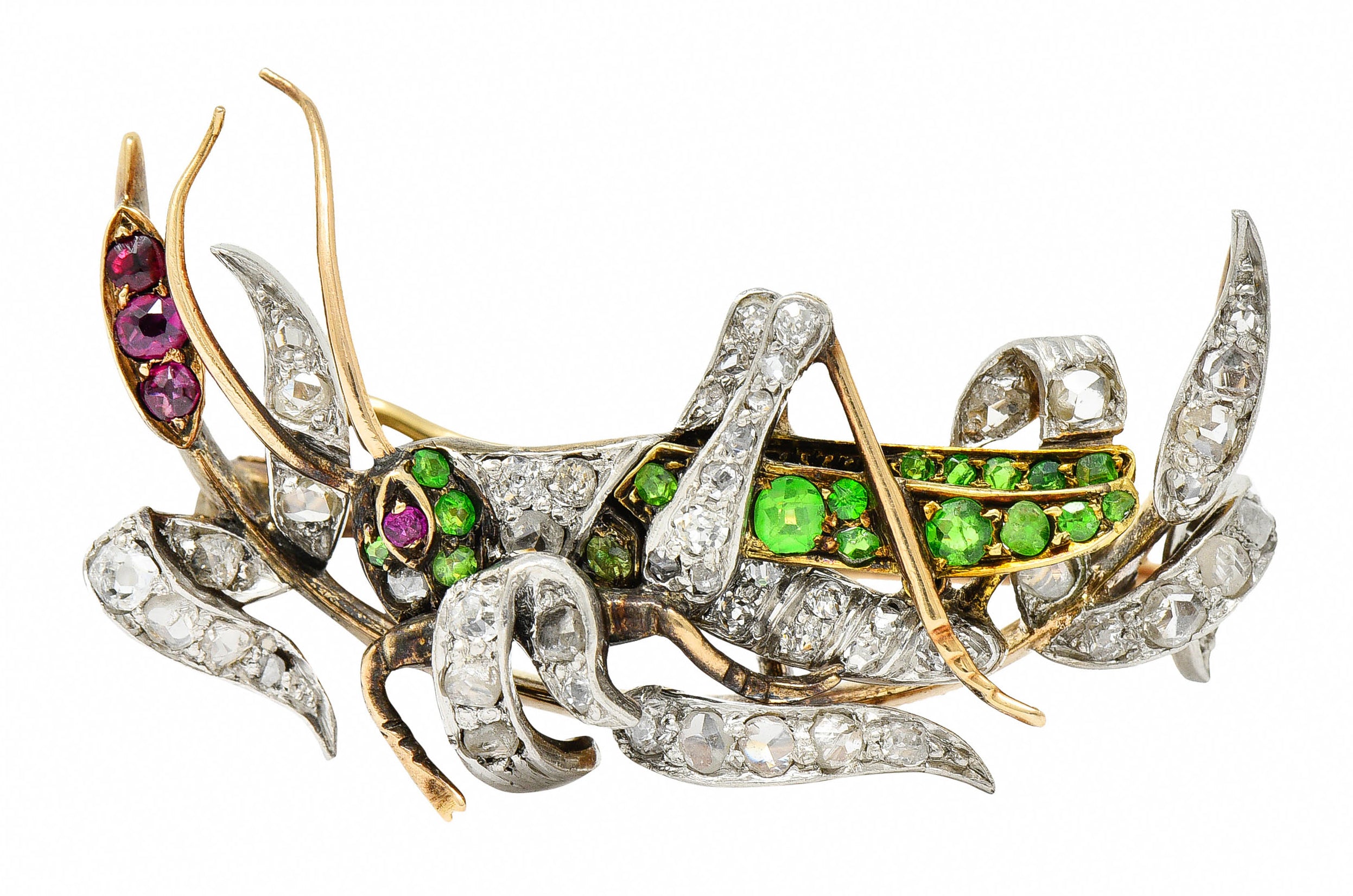 1900 Victorian Ruby Diamond Demantoid Garnet Platinum-Topped 14 Karat Gold Grasshopper BroochBrooch - Wilson's Estate Jewelry