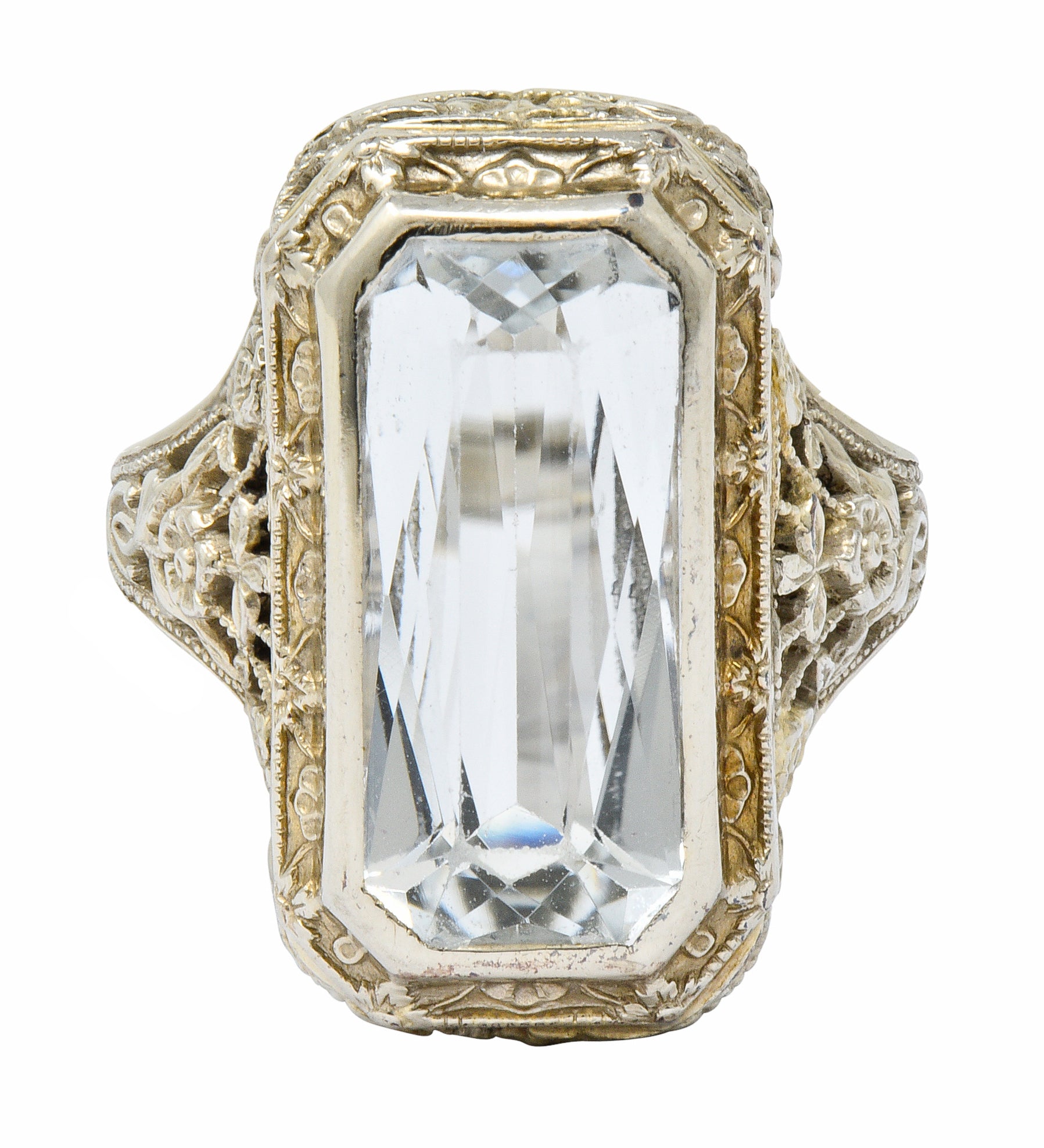 Early Art Deco Aquamarine 14 Karat White Gold Floral Lace RingRing - Wilson's Estate Jewelry