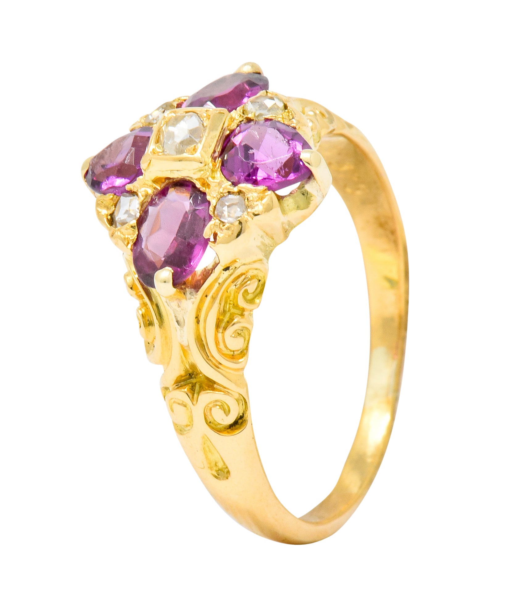 Victorian Rhodalite Garnet Rose Cut Diamond 9 Karat Gold Floral Cluster Ring - Wilson's Estate Jewelry