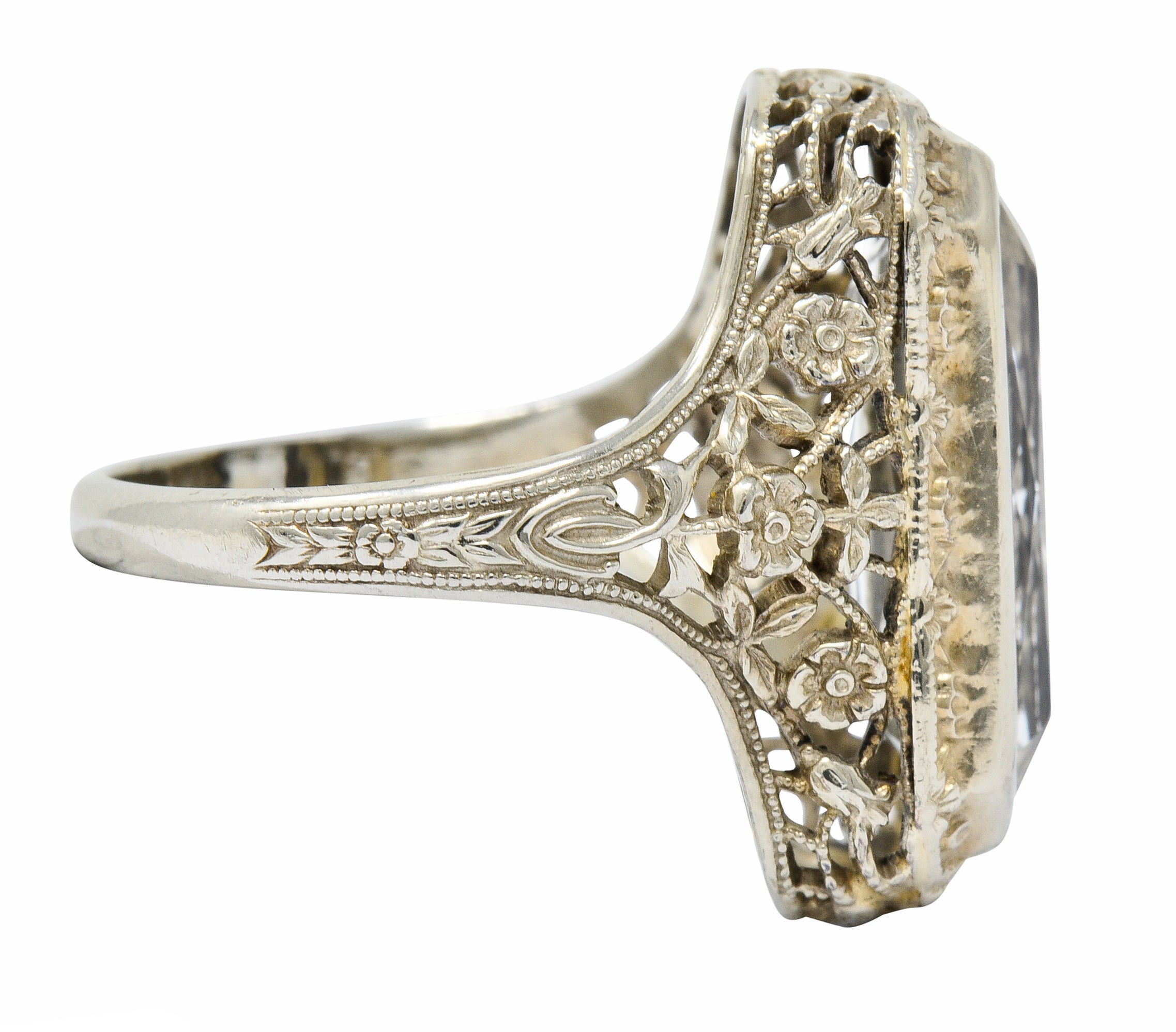 Early Art Deco Aquamarine 14 Karat White Gold Floral Lace RingRing - Wilson's Estate Jewelry